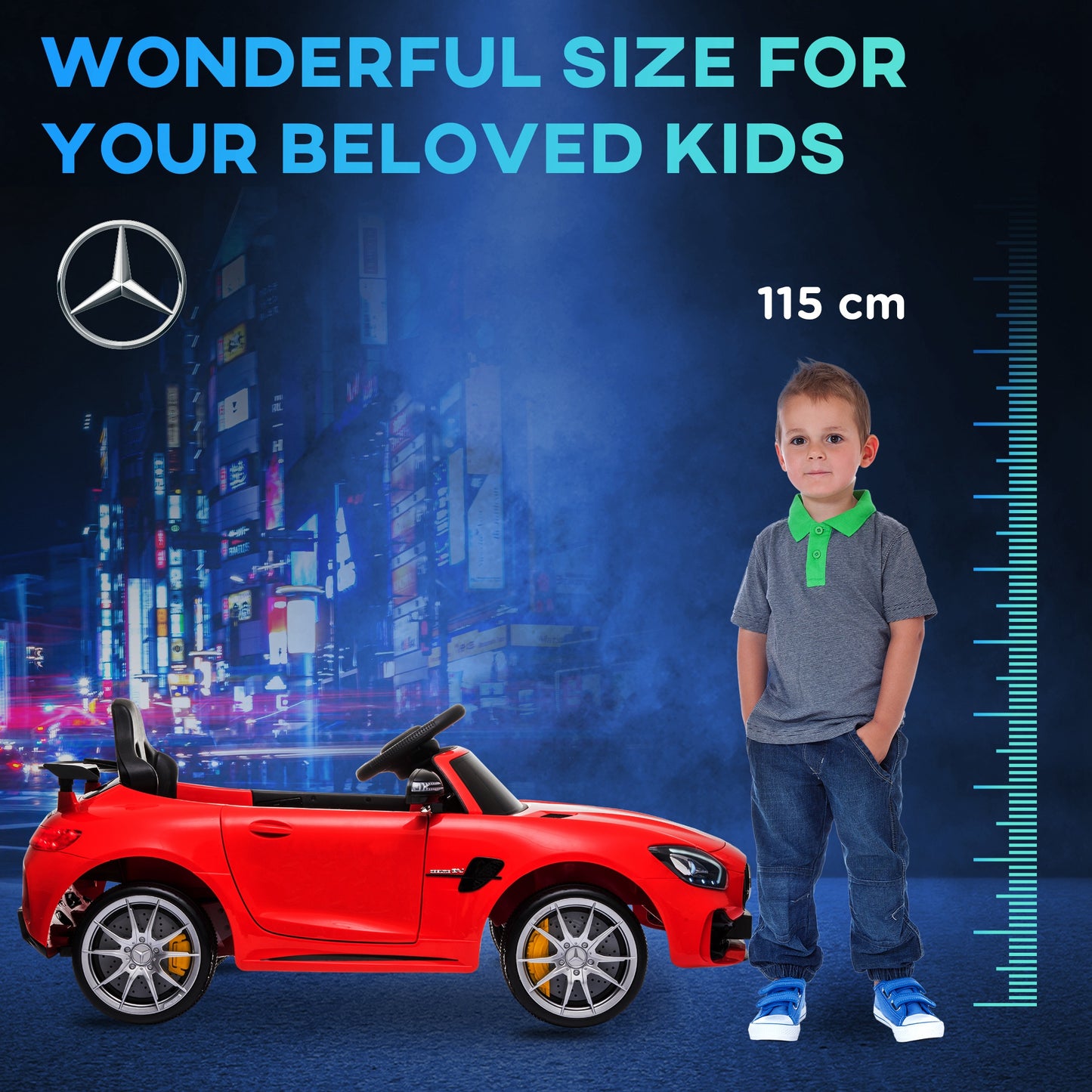 HOMCOM Coche Eléctrico para Niños Mercedes GTR Coche de Batería para Niños de +3 Años 12V con Mando a Distancia Música Faros Puerta de Doble Apertura Carga 25kg 105x58x45 cm Rojo