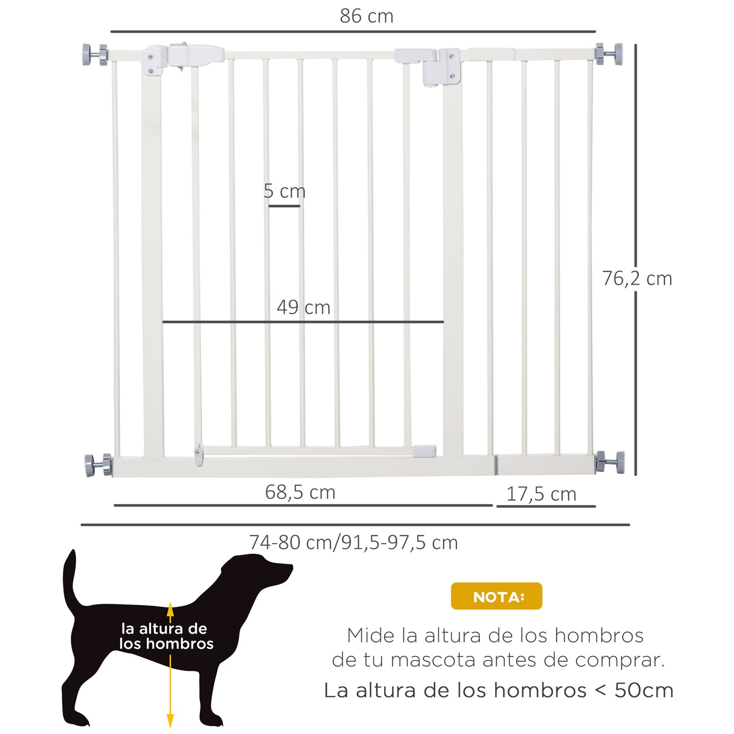 PawHut Barrera de Seguridad Metálica Puerta para Perros con Longitud Ajustable Sistema de Cierre Automático para Escaleras Pasillos 74-97,5x76,2 cm Blanco