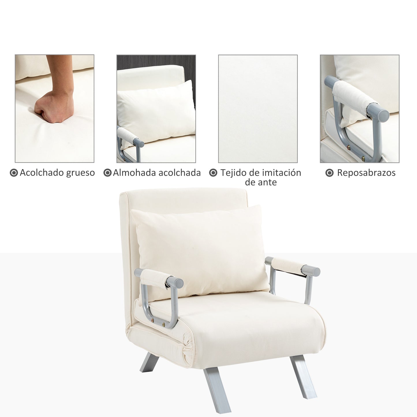 HOMCOM Sofá Cama Individual Sillón Cama Individual Sillón Reclinable con Almohada para Salón Dormitorio Oficina Carga 100 kg 65x69x80 cm Crema