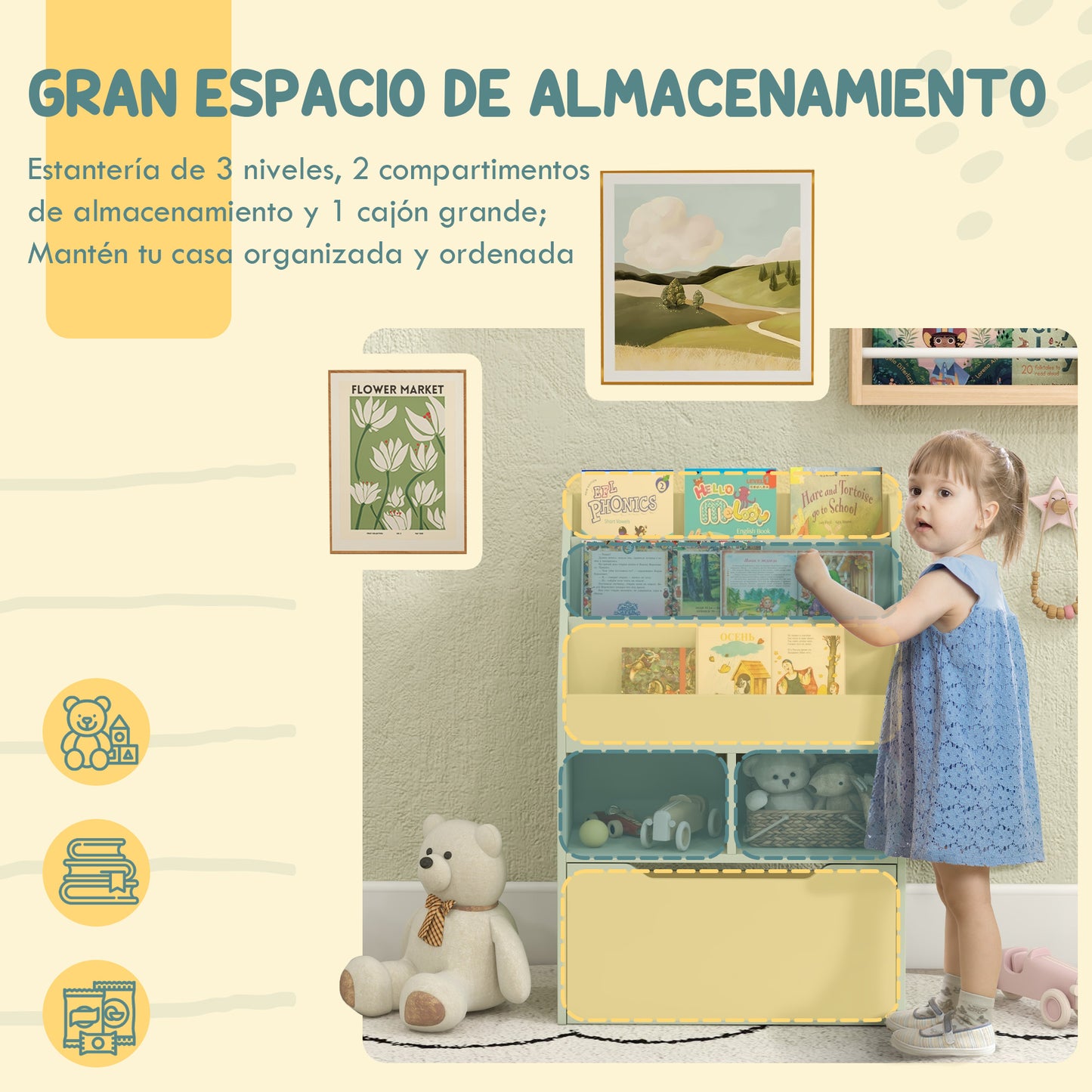 HOMCOM Estantería Infantil de Madera con 3 Compartimentos 2 Cubos y Cajón Móvil con 4 Ruedas Librería Infantil para Habitación de Niños Sala de Juegos 60x29,9x90 cm Verde