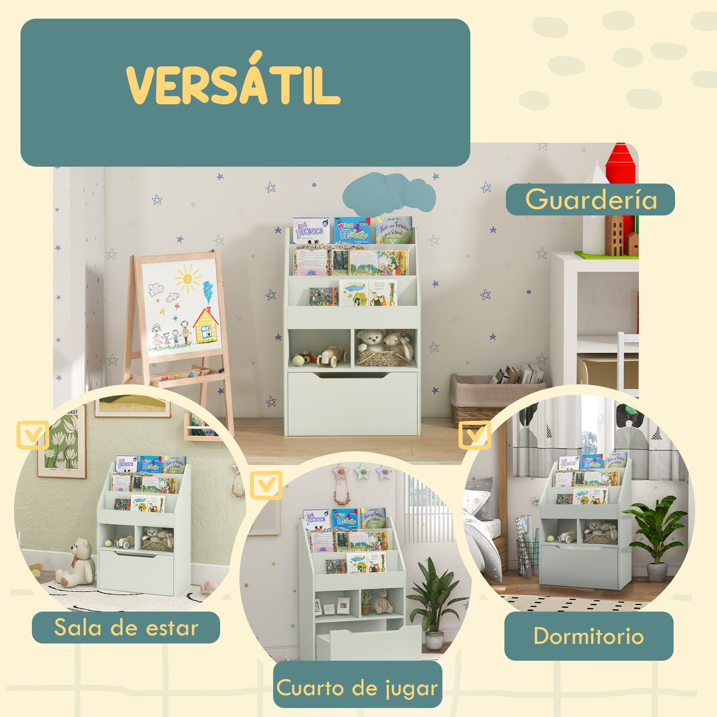 HOMCOM Estantería Infantil de Madera con 3 Compartimentos 2 Cubos y Cajón Móvil con 4 Ruedas Librería Infantil para Habitación de Niños Sala de Juegos 60x29,9x90 cm Verde