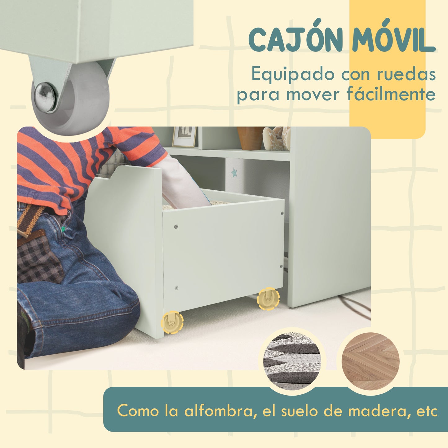 HOMCOM Estantería Infantil de Madera con 3 Compartimentos 2 Cubos y Cajón Móvil con 4 Ruedas Librería Infantil para Habitación de Niños Sala de Juegos 60x29,9x90 cm Verde