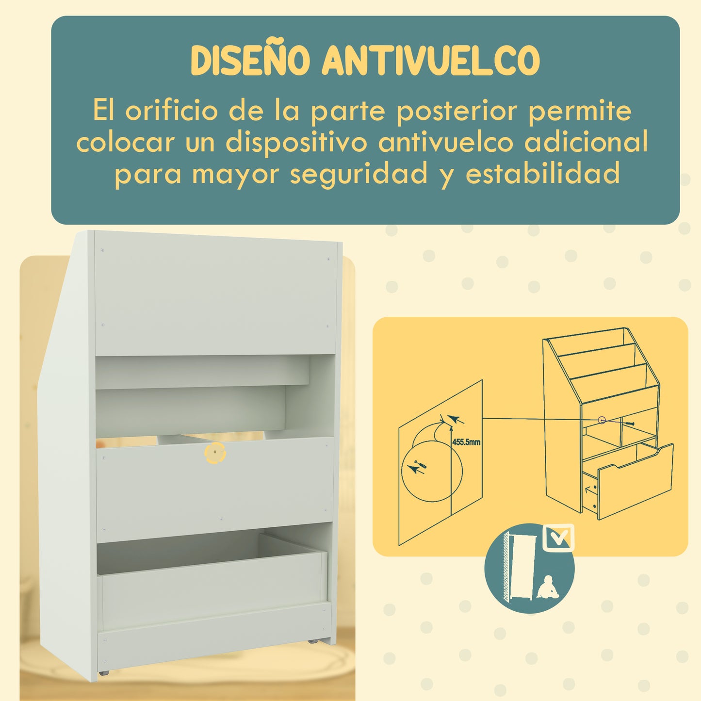 HOMCOM Estantería Infantil de Madera con 3 Compartimentos 2 Cubos y Cajón Móvil con 4 Ruedas Librería Infantil para Habitación de Niños Sala de Juegos 60x29,9x90 cm Verde