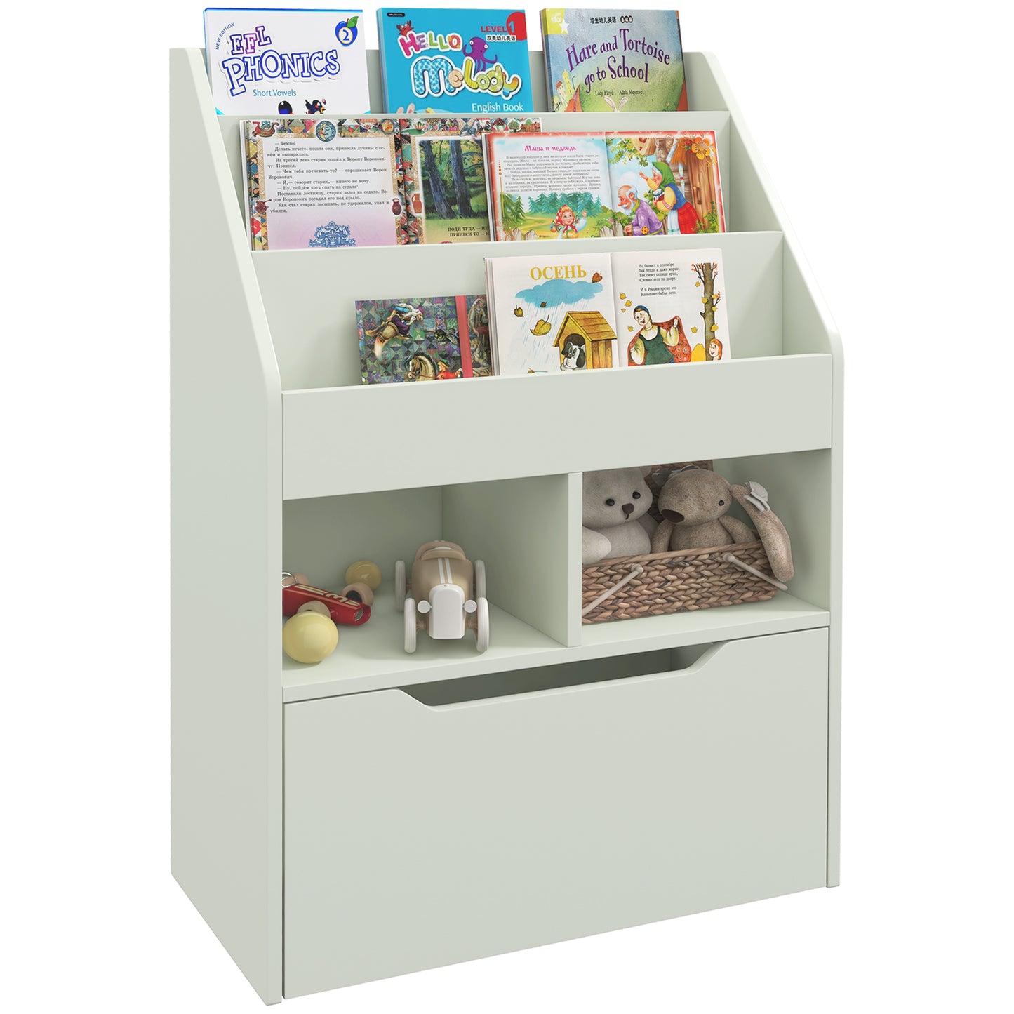 HOMCOM Estantería Infantil de Madera con 3 Compartimentos 2 Cubos y Cajón Móvil con 4 Ruedas Librería Infantil para Habitación de Niños Sala de Juegos 60x29,9x90 cm Verde