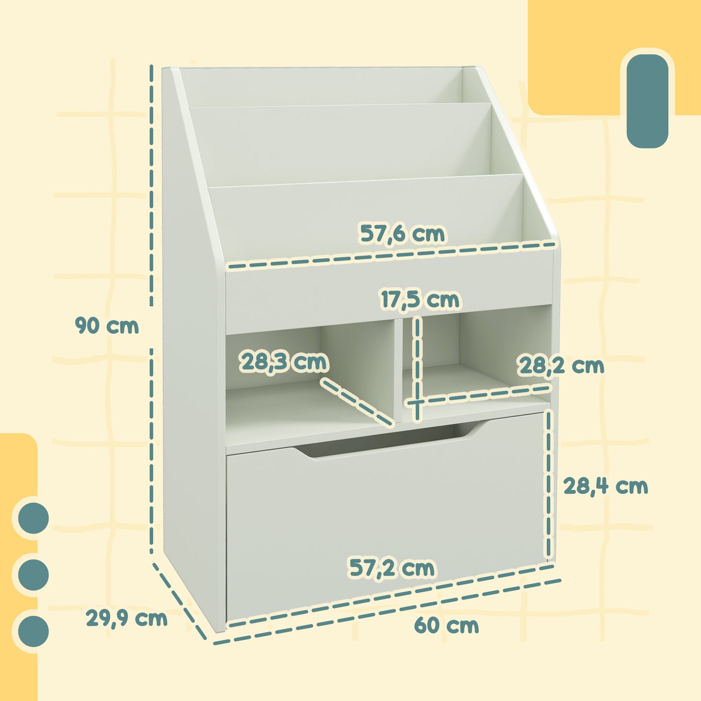 HOMCOM Estantería Infantil de Madera con 3 Compartimentos 2 Cubos y Cajón Móvil con 4 Ruedas Librería Infantil para Habitación de Niños Sala de Juegos 60x29,9x90 cm Verde