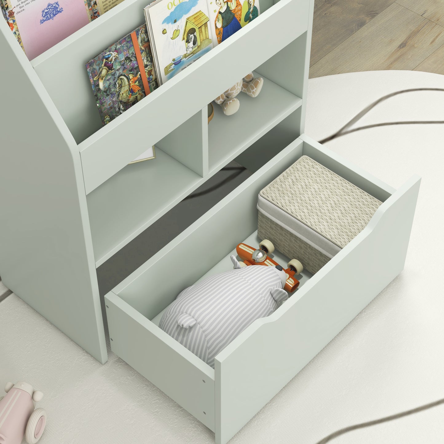 HOMCOM Estantería Infantil de Madera con 3 Compartimentos 2 Cubos y Cajón Móvil con 4 Ruedas Librería Infantil para Habitación de Niños Sala de Juegos 60x29,9x90 cm Verde