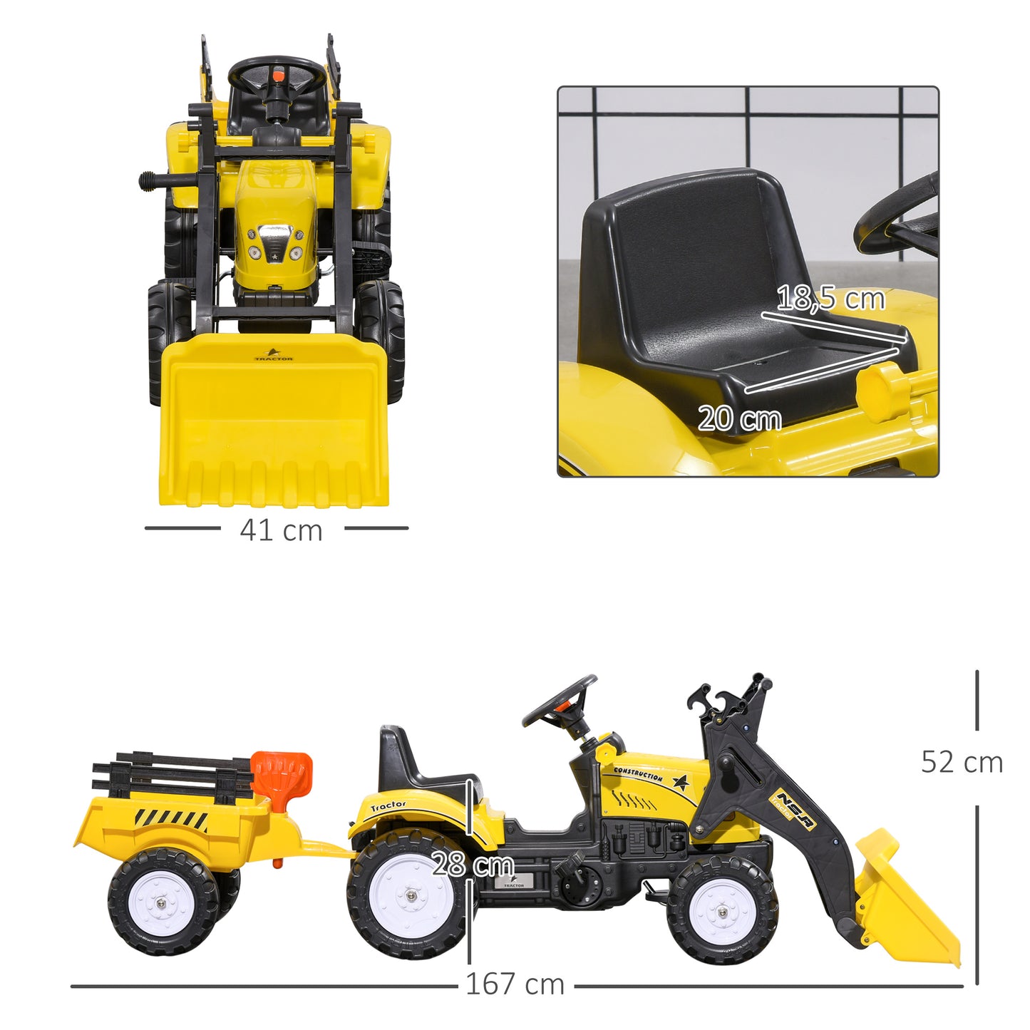 HOMCOM Tractor a Pedales para Niños de 3 Años Excavadora Infantil Juguete de Montar con Remolque Extraíble y Pala Delantera Carga 35 kg 167x41x52 cm Amarillo