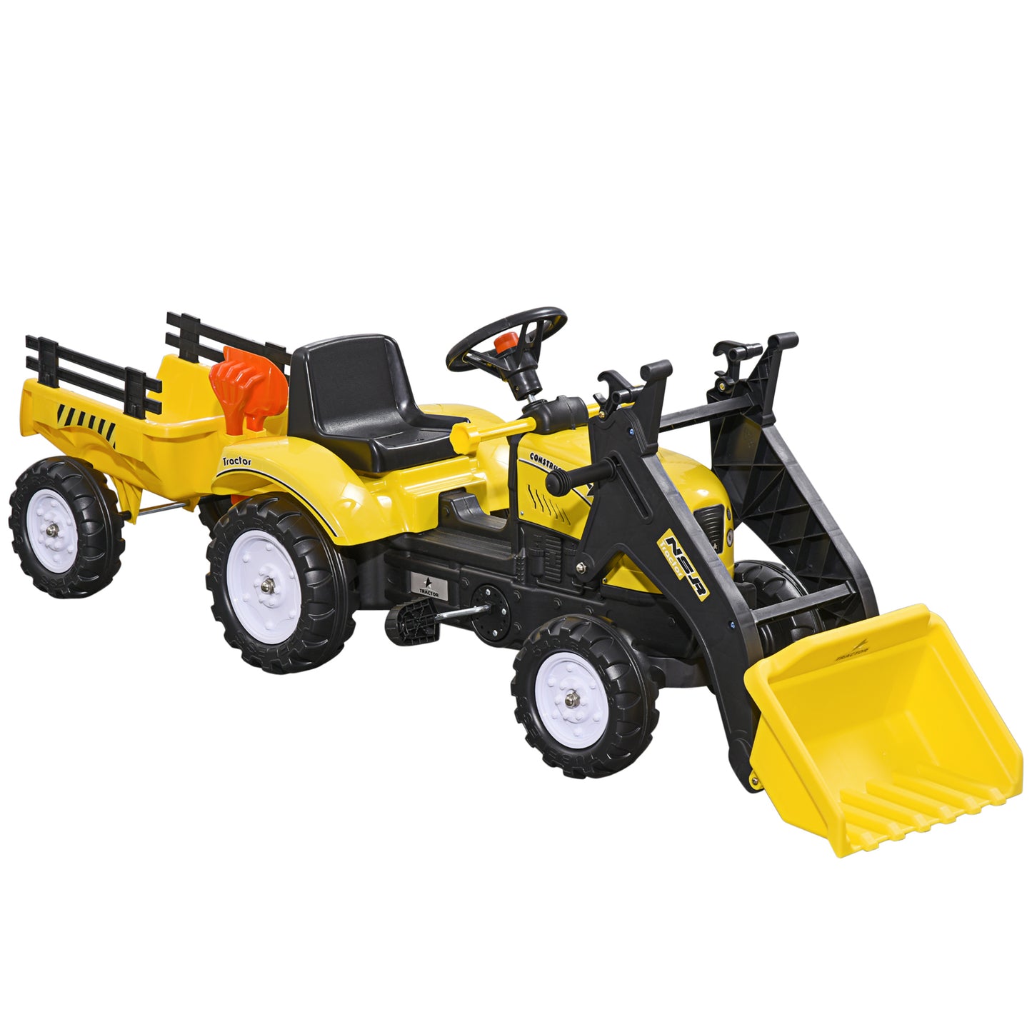 HOMCOM Tractor a Pedales para Niños de 3 Años Excavadora Infantil Juguete de Montar con Remolque Extraíble y Pala Delantera Carga 35 kg 167x41x52 cm Amarillo