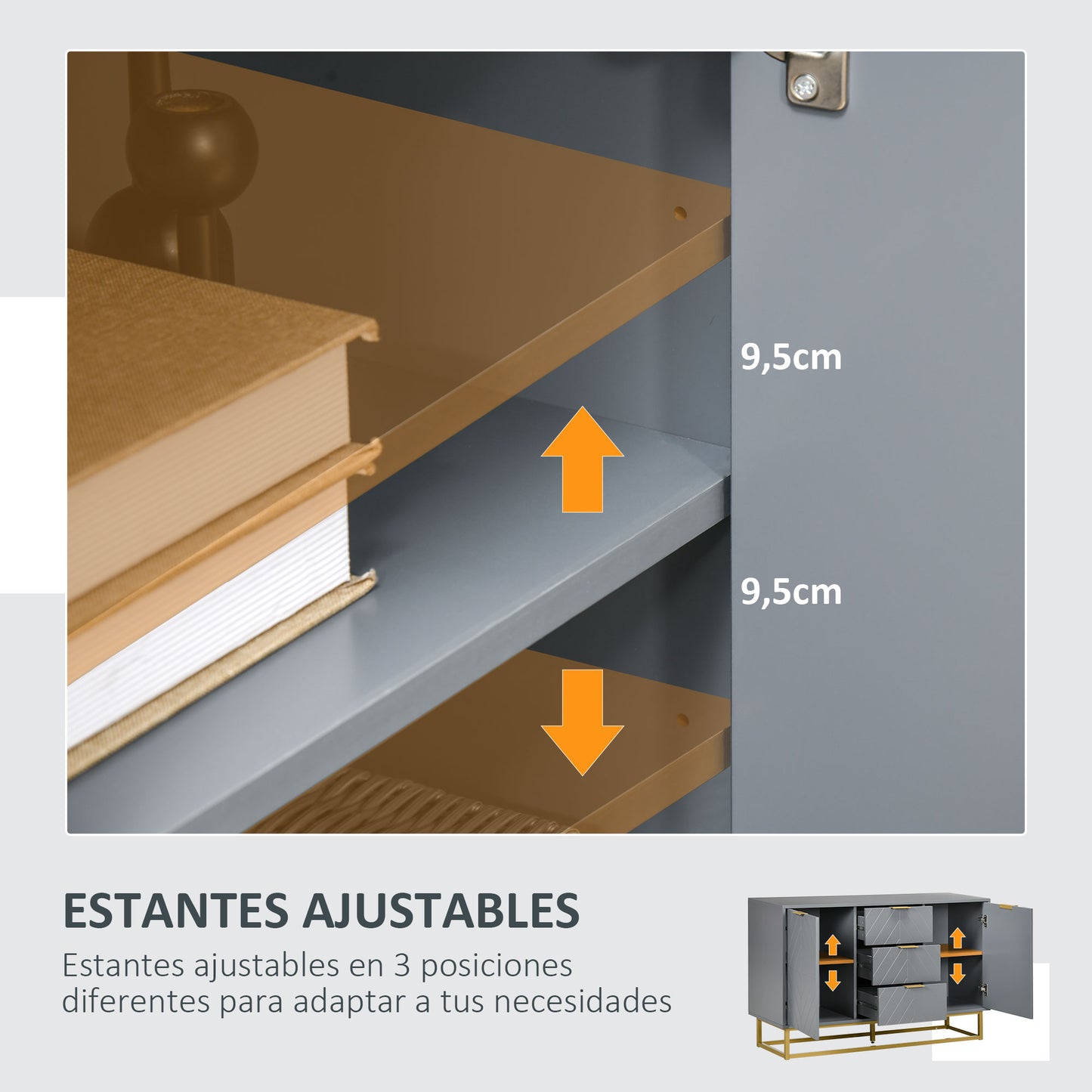 HOMCOM Aparador Moderno Aparador para Salón con 3 Cajones 2 Puertas y Estante Ajustable Mueble Auxiliar para Salón Antivuelco 120x40x76 cm Gris