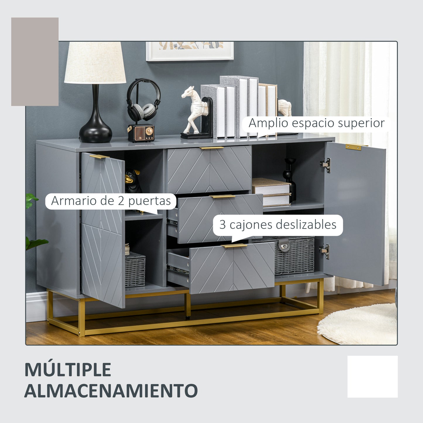 HOMCOM Aparador Moderno Aparador para Salón con 3 Cajones 2 Puertas y Estante Ajustable Mueble Auxiliar para Salón Antivuelco 120x40x76 cm Gris