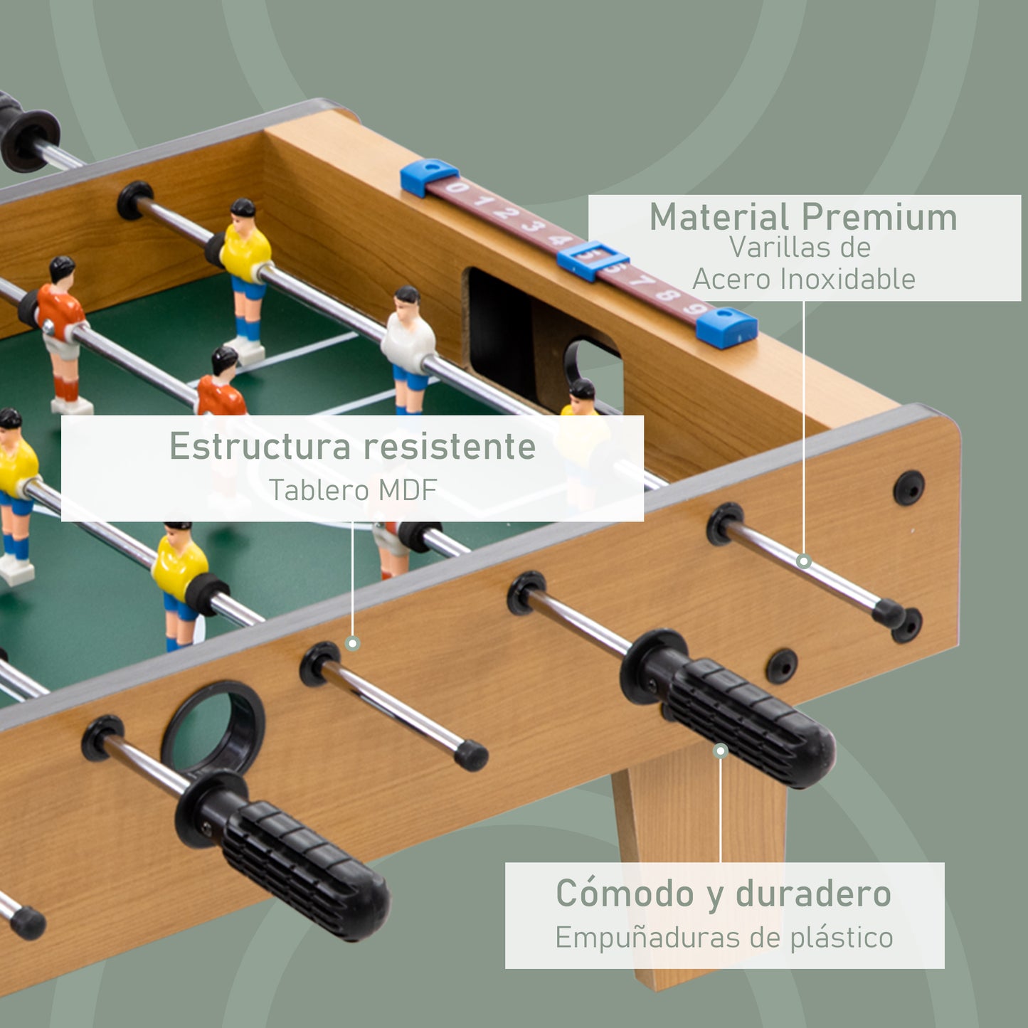 HOMCOM Futbolín de Mesa para Niños de +6 Años Juego Mesa de Fútbol de Madera con 2 Bolas 6 Asas 2 Marcadores de Puntos 18 Jugadores 69x36,5x22 cm Natural