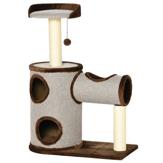 PawHut Árbol Rascador para Gatos Mediano Altura 104 cm Torre Escalador de Gato con Barril Rascador Cama Superior Túnel Postes de Sisal y Bola Colgante 75x39x104 cm Marrón