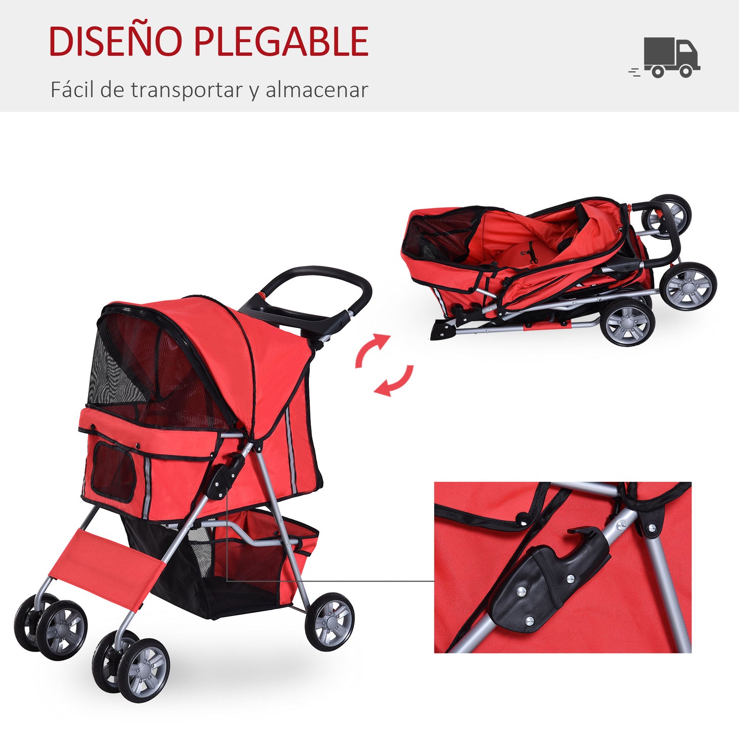 PawHut Carrito para Perros Plegable Cochecito para Mascotas Carrito para Perros Pequeños con Toldo Ajustable Cesta de Almacenaje Ventanas de Malla Portavasos y 2 Ruedas 75x45x97 cm Rojo