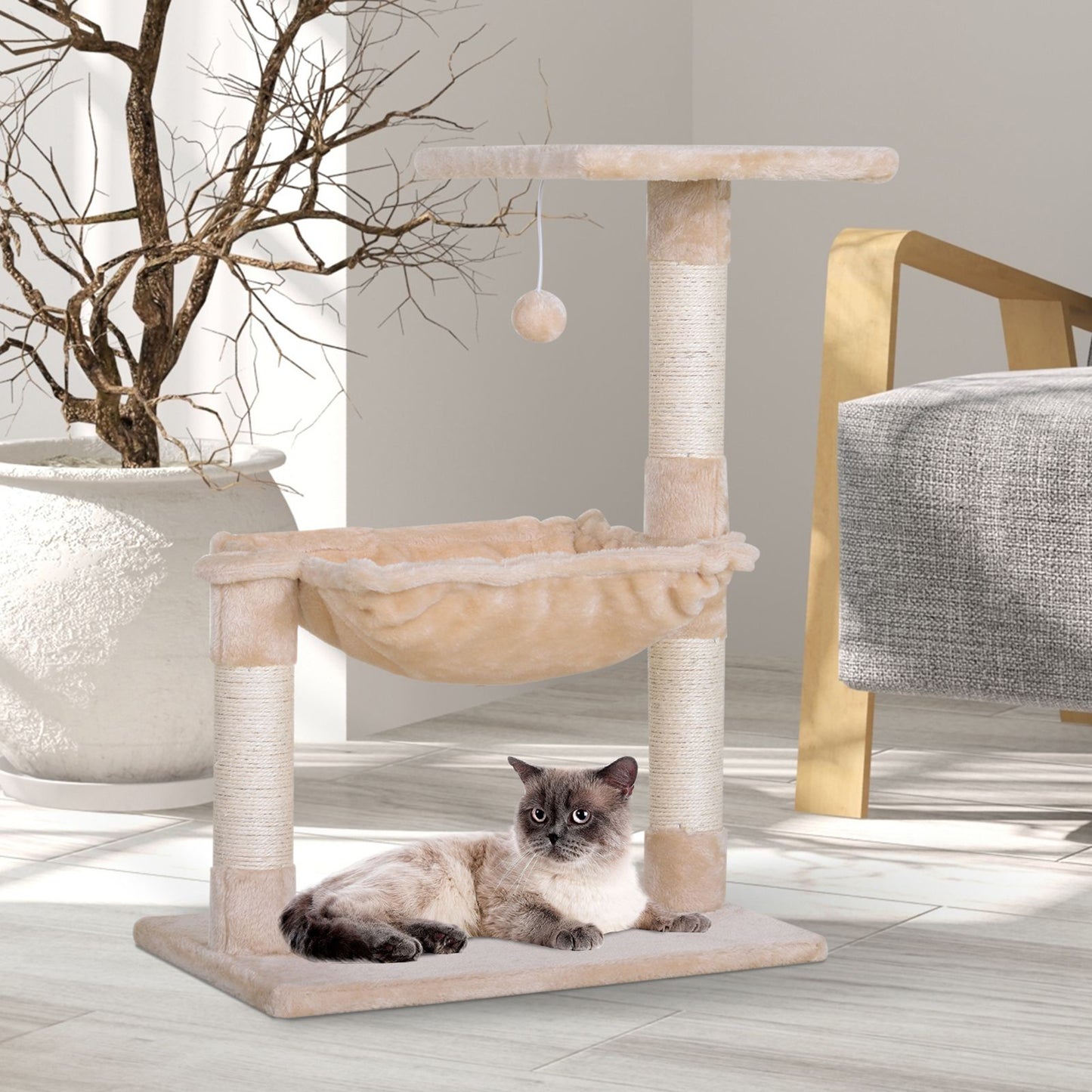 PawHut Árbol Rascador para Gatos Centro de Actividad Plataforma Caseta Postes de Sisal Hamaca Bola 50x36x70 cm Beige