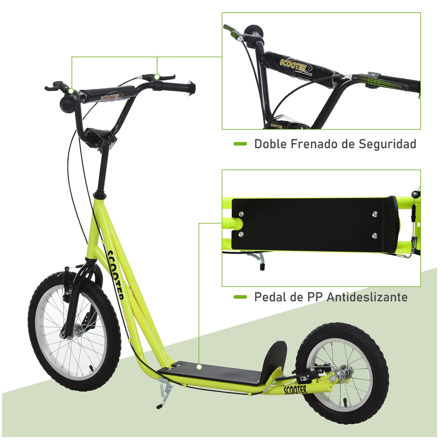 HOMCOM Scooter Patinete para Niños Mayores de 5 Años con 2 Neumáticos de Caucho Inflable con Doble Freno Manillar Ajustable en Altura Soporte 100 kg 135x58x88-94 cm Amarillo