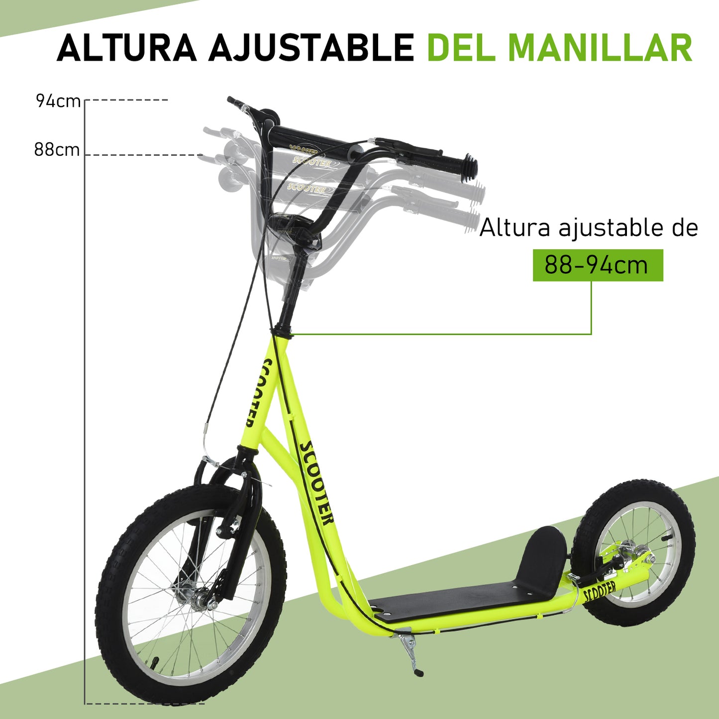 HOMCOM Scooter Patinete para Niños Mayores de 5 Años con 2 Neumáticos de Caucho Inflable con Doble Freno Manillar Ajustable en Altura Soporte 100 kg 135x58x88-94 cm Amarillo