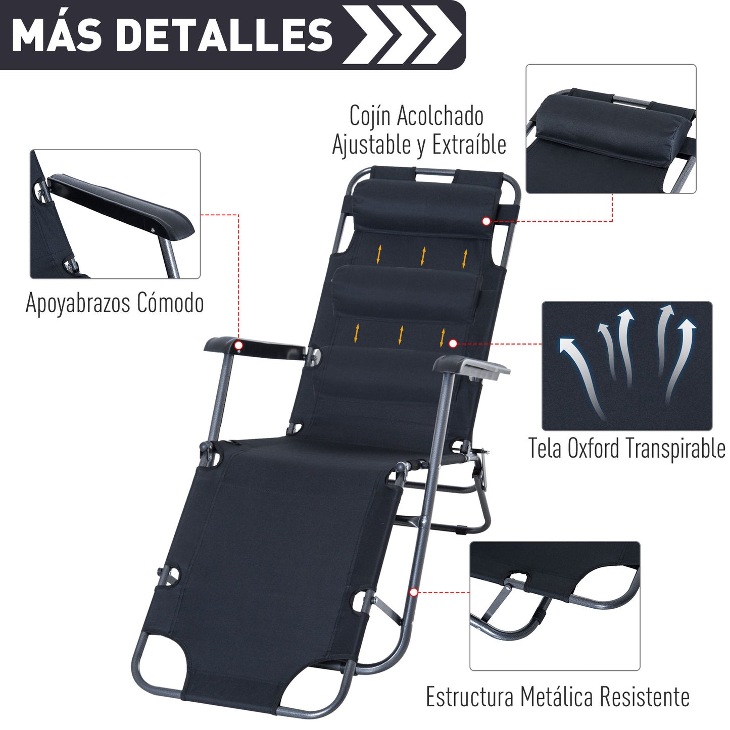 Outsunny Tumbona Reclinable y Plegable Silla de Playa Tumbona Relax Plegable con Respaldo Ajustable Reposabrazos Almohada y Reposapiés para Jardín Balcón Carga 136 kg 135x60x89 cm Negro