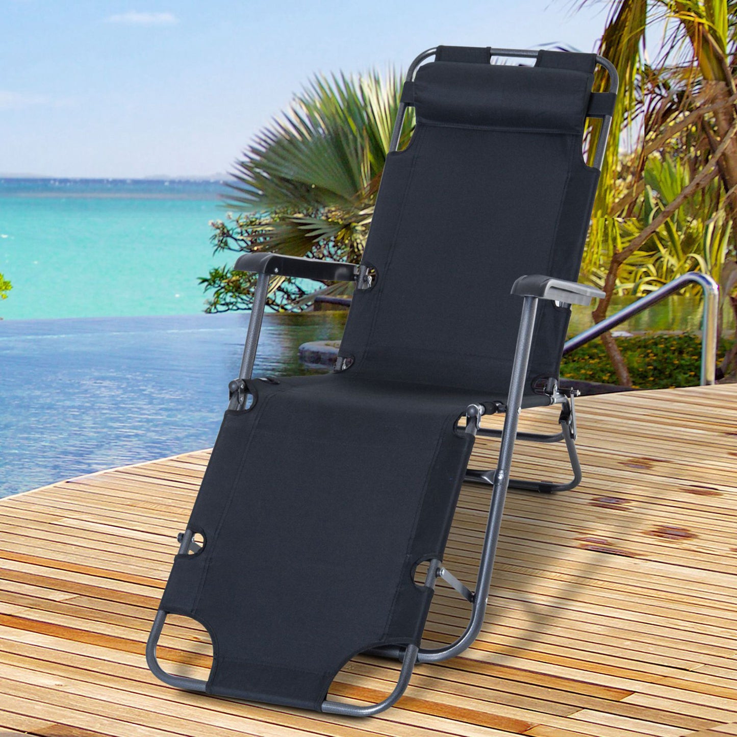 Outsunny Tumbona Reclinable y Plegable Silla de Playa Tumbona Relax Plegable con Respaldo Ajustable Reposabrazos Almohada y Reposapiés para Jardín Balcón Carga 136 kg 135x60x89 cm Negro