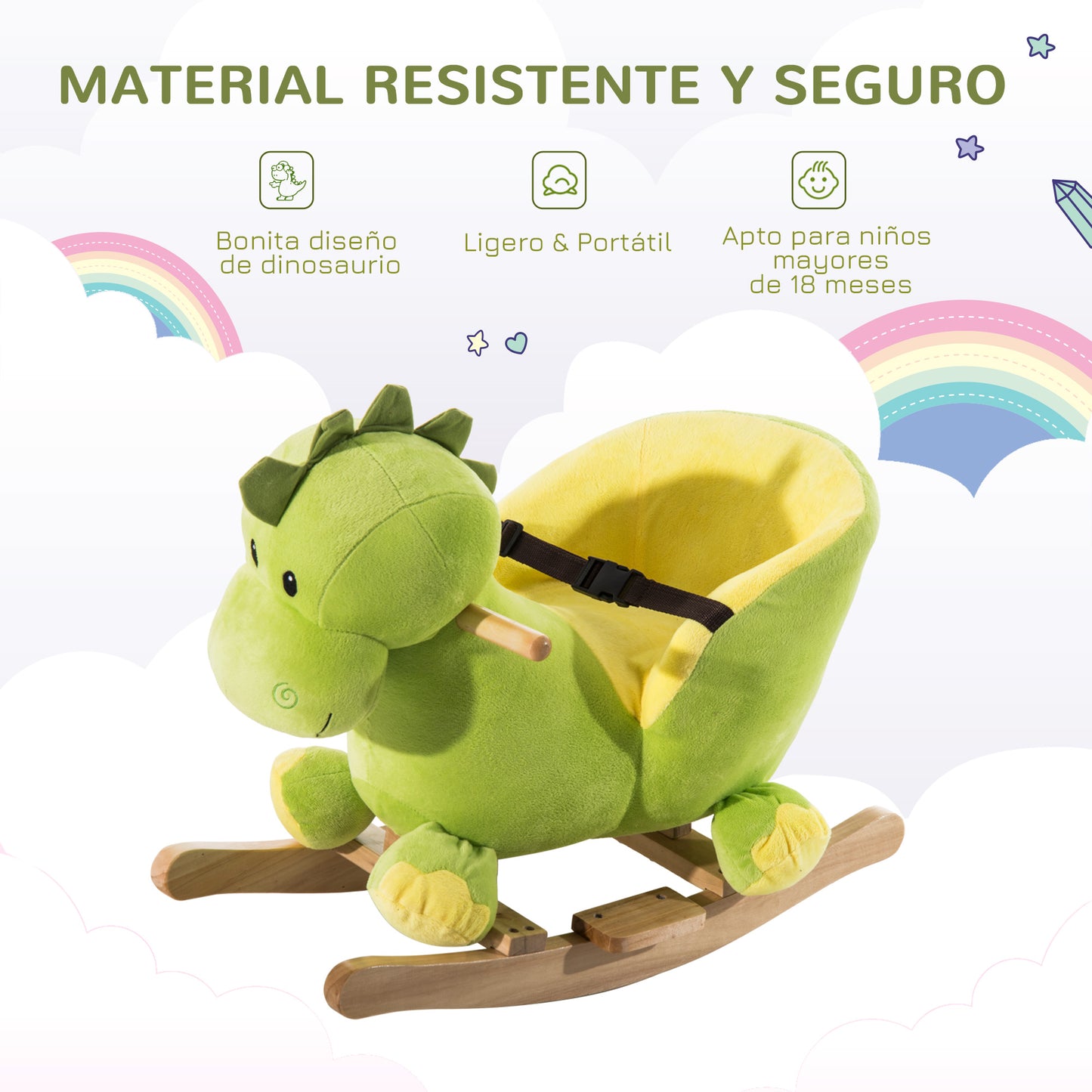 HOMCOM Balancín Infantil en Forma de Dinosaurio de Felpa para Bebés 18-36 Meses con Sonido Cinturón de Seguridad Manillar y Reposapiés 60x33x45 cm Verde