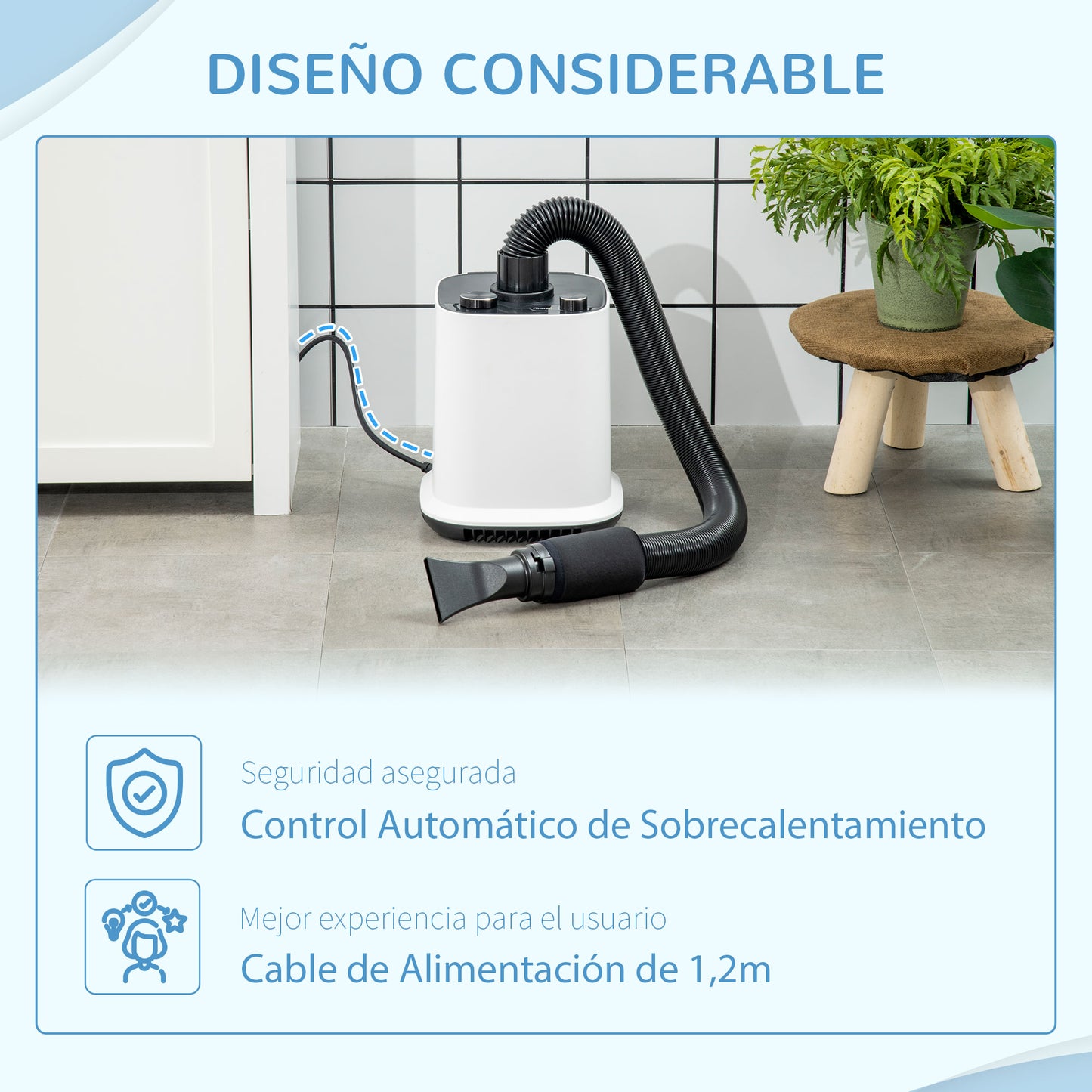 PawHut Secador de Pelo para Perros 2000W con Soplador para Mascotas Profesional con Temperatura Ajustable Velocidad Continua Manguera 1,2m 4 Boquillas 23x23x26,5 cm Blanco