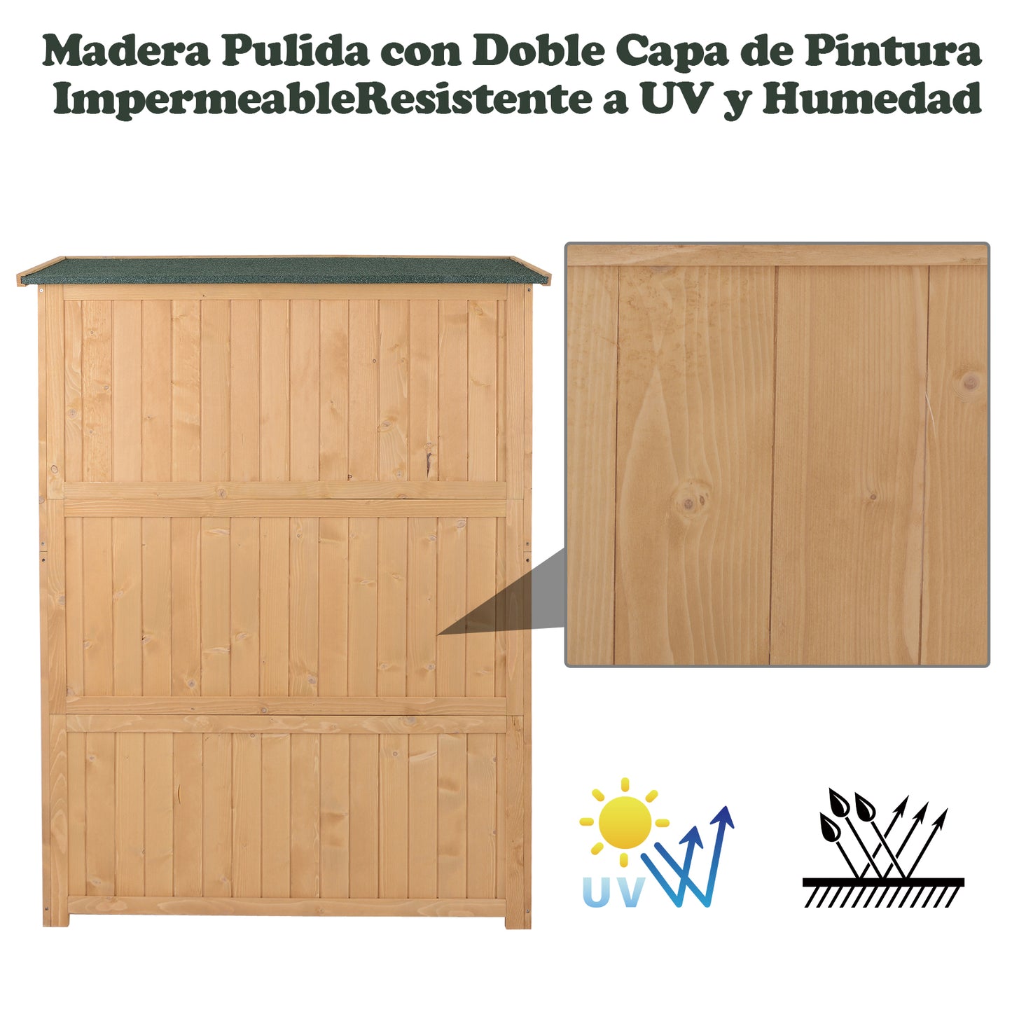 Outsunny Cobertizo de Madera Caseta de Jardín Exterior Armario Herramientas de Jardinería con Estantes Doble Puerta Ventanas y Techo Asfáltico 127,5x50x164 cm Natural