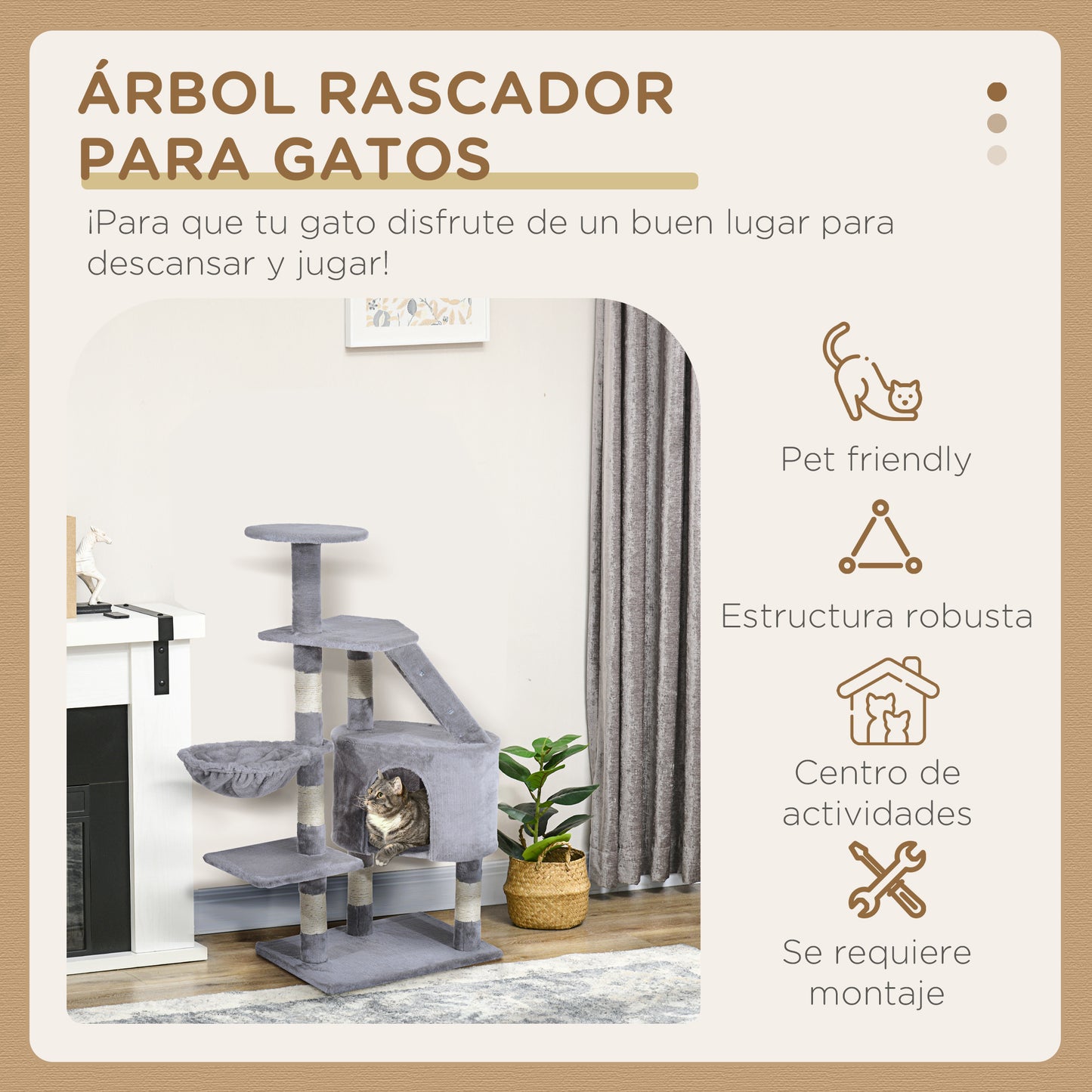 PawHut Rascador Árbol para Gatos Grande 55x40x125 cm Torre para Gatos con Postes Escalera Cueva Espaciosa Hamaca y Varias Plataformas Gris