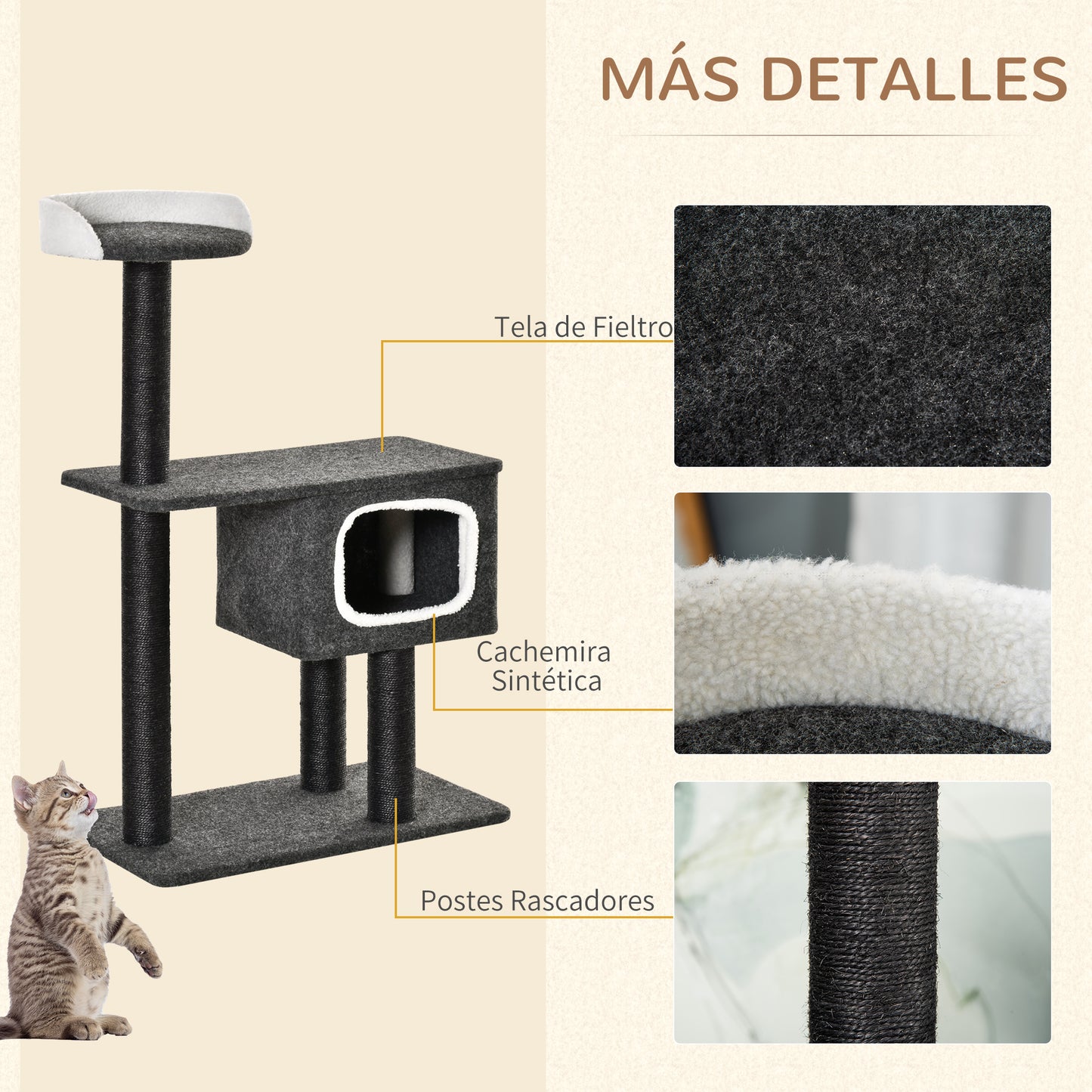 PawHut Árbol para Gatos 70x41x112 cm Torre Escalador para Gatos con Cueva Plataforma y Postes Rascadores de Sisal para Arañar Gris Oscuro