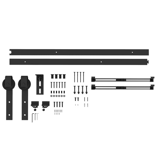 HOMCOM 6,6FT/200cm Herrajes para Puerta Corredera Kit para Puerta Corredera con Amortiguador sin Perforación Kit de Accesorios para Puerta Corrediza con 2 Rieles para Granero Negro