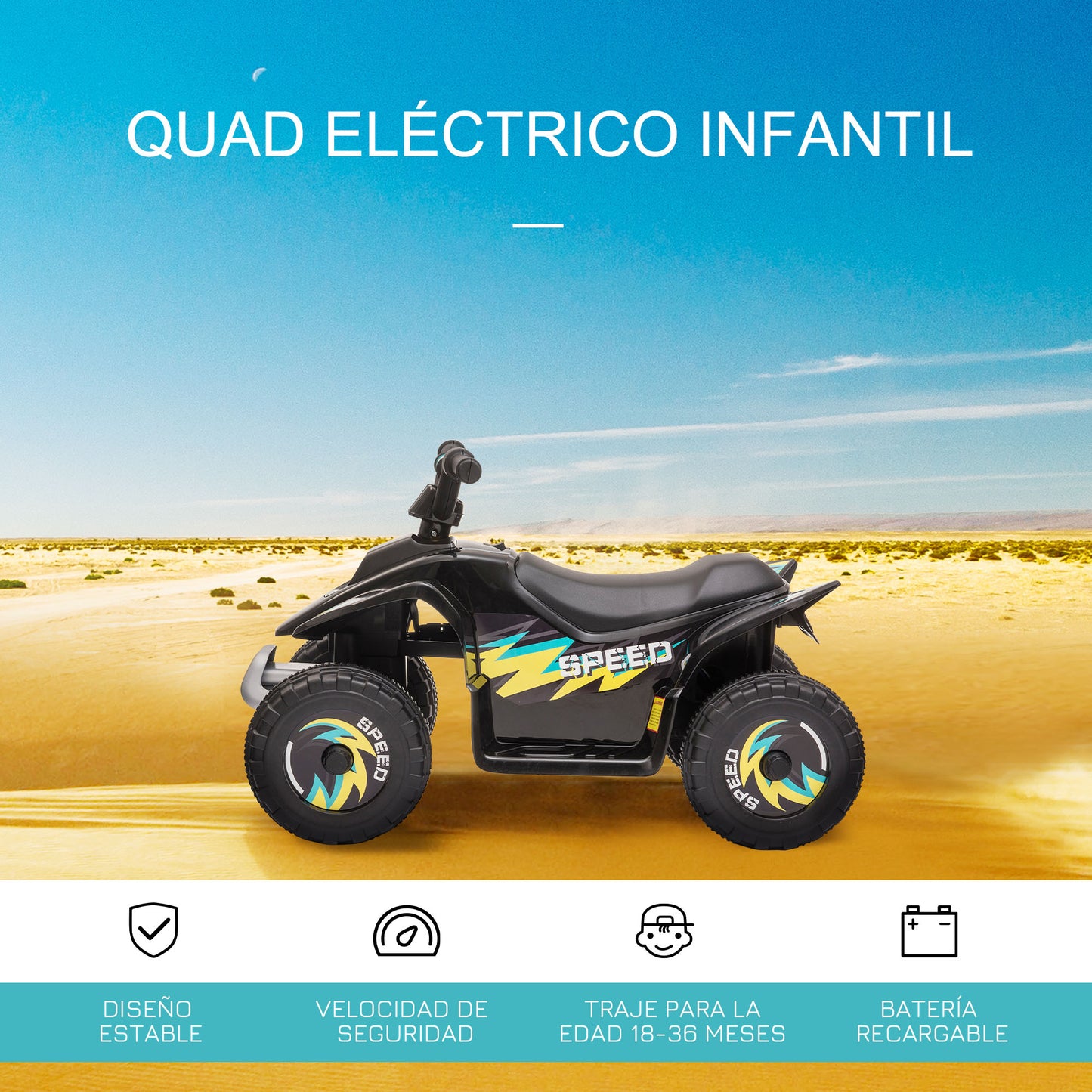 HOMCOM Quad Eléctrico para Niños de 18-36 Meses Vehículo Eléctrico Cuatrimoto a Batería 6V con Avance y Retroceso Carga Máx. 20 kg 72x40x45,5 cm Negro