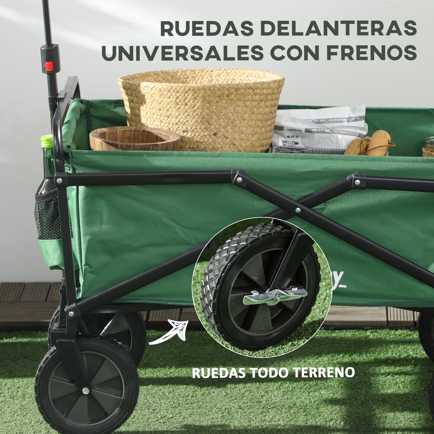 Outsunny Carro Plegable Carretilla de Transporte con Mango Ajustable Rueda Universal Freno para Playa Jardín Camping Marco Acero Carga 40 kg 83x50x69-99 cm