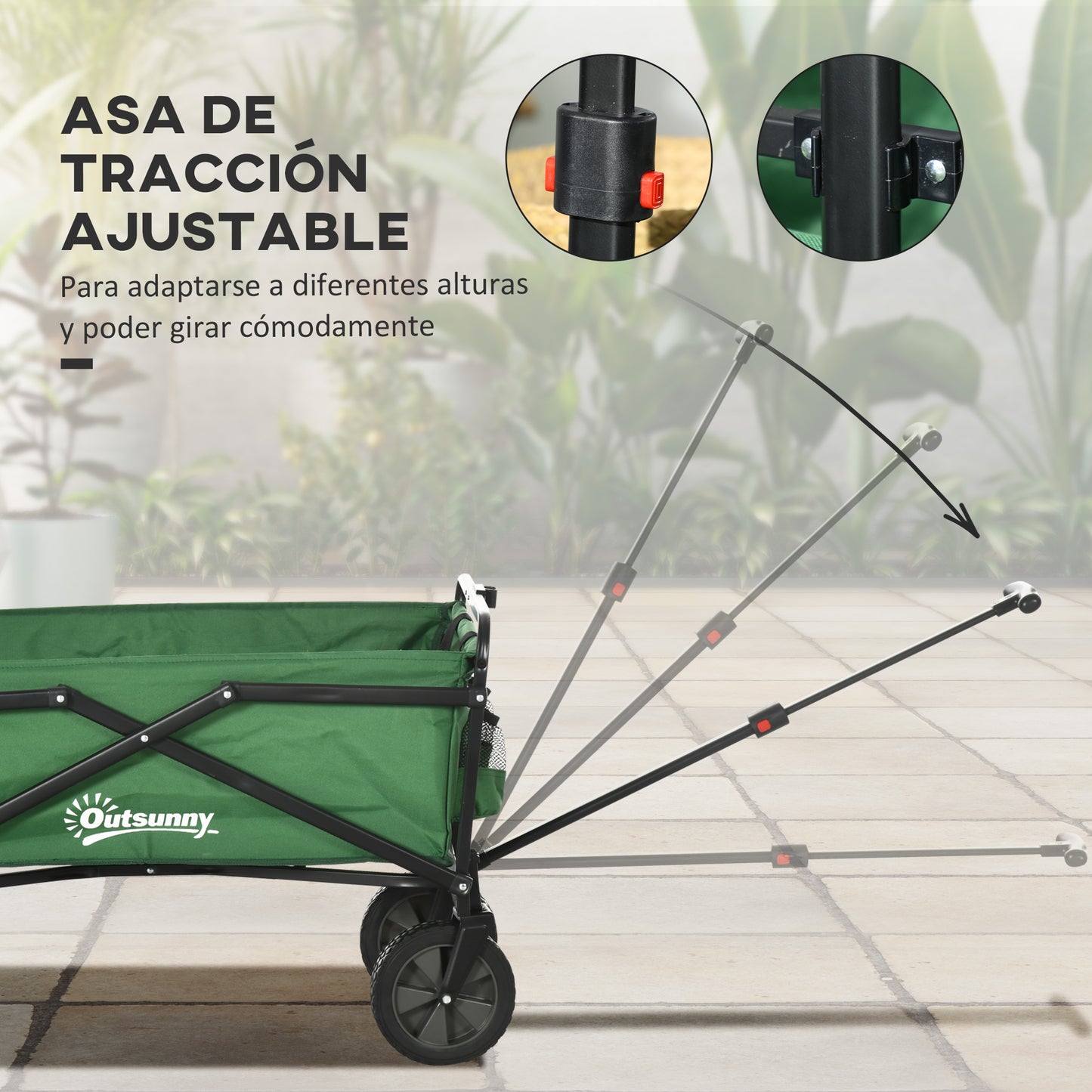 Outsunny Carro Plegable Carretilla de Transporte con Mango Ajustable Rueda Universal Freno para Playa Jardín Camping Marco Acero Carga 40 kg 83x50x69-99 cm