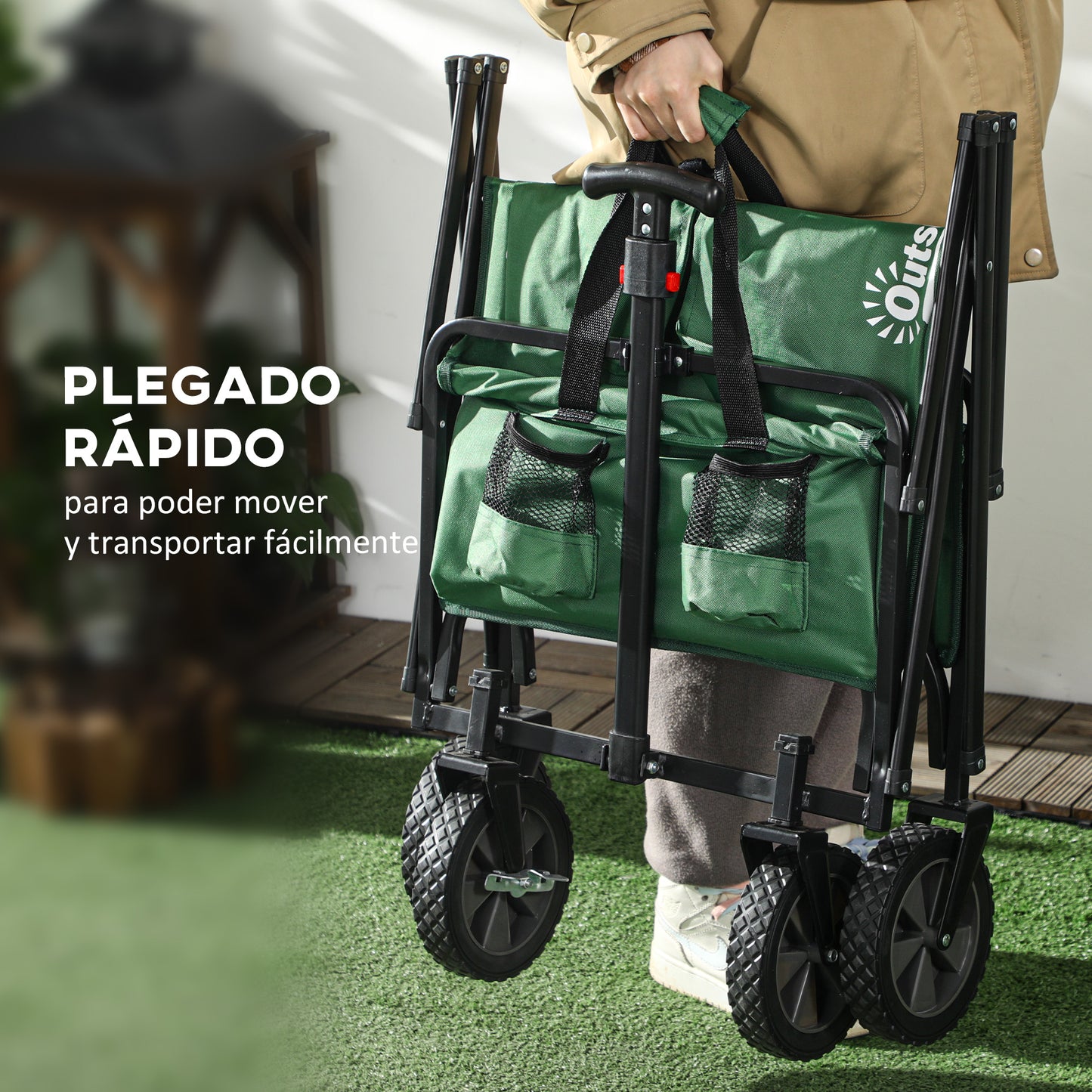 Outsunny Carro Plegable Carretilla de Transporte con Mango Ajustable Rueda Universal Freno para Playa Jardín Camping Marco Acero Carga 40 kg 83x50x69-99 cm