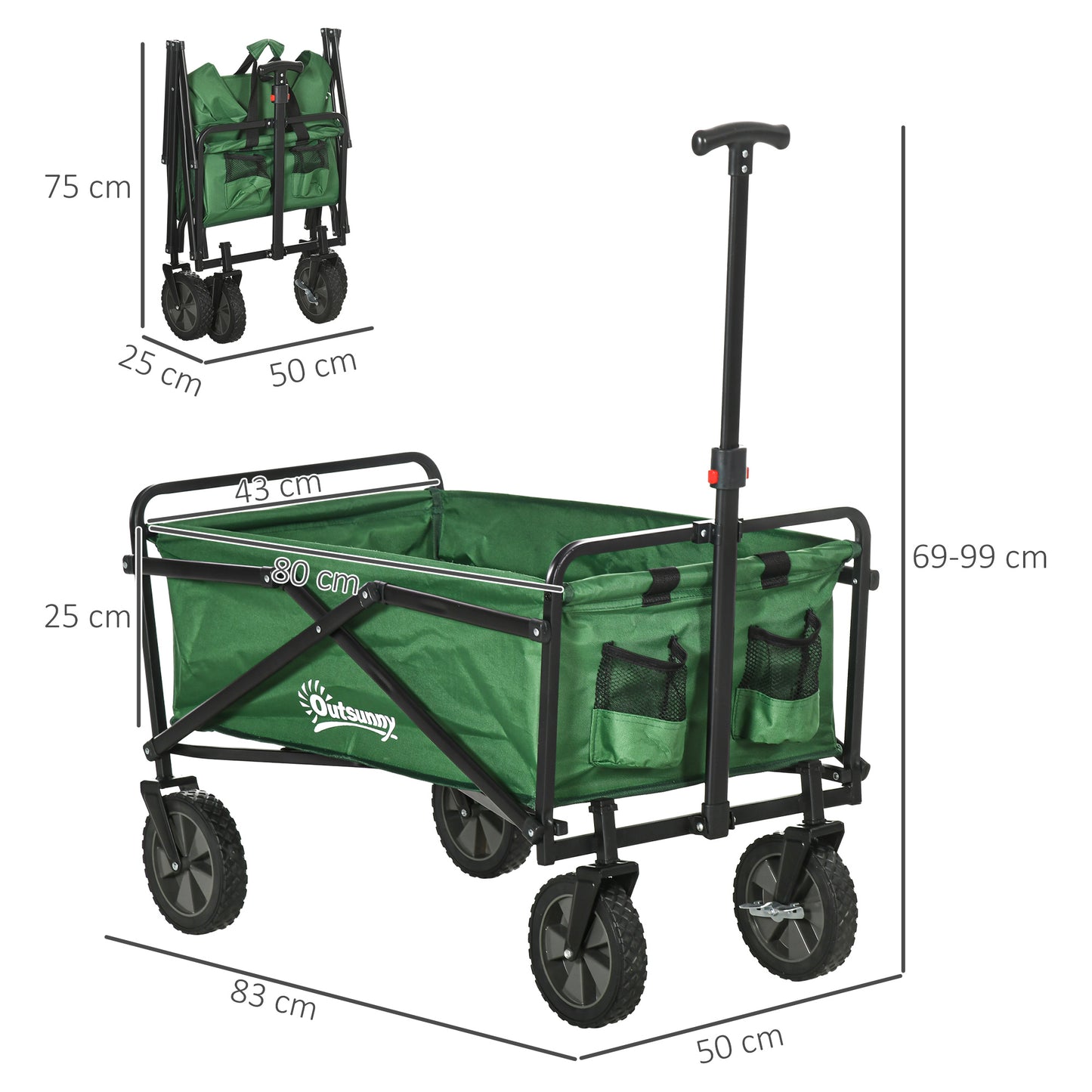 Outsunny Carro Plegable Carretilla de Transporte con Mango Ajustable Rueda Universal Freno para Playa Jardín Camping Marco Acero Carga 40 kg 83x50x69-99 cm