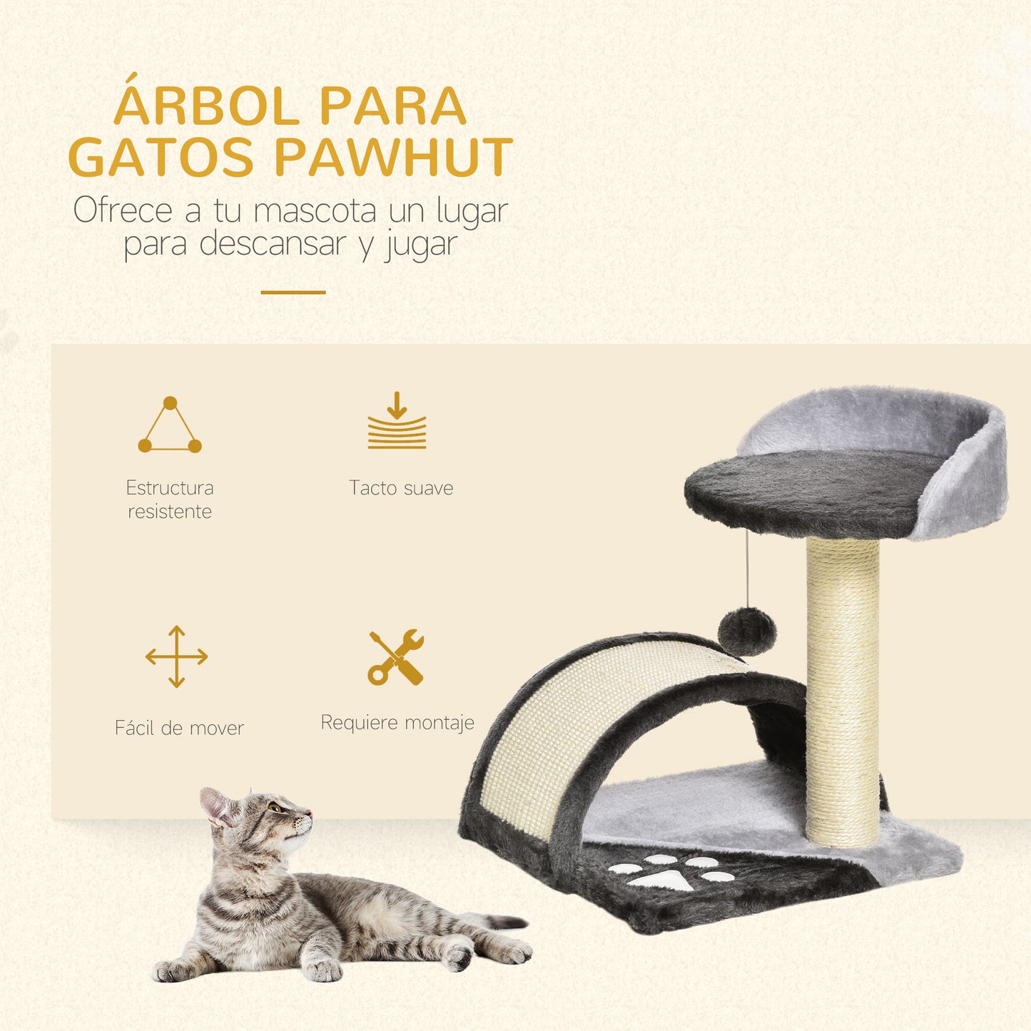 PawHut Árbol Rascador para Gatos Pequeños Altura 46 cm de 2 Niveles Árbol para Gatos con Poste Tablero para Rascar Plataformas y Juguete de Bola Colgante 35,5x37x46 cm Gris Oscuro