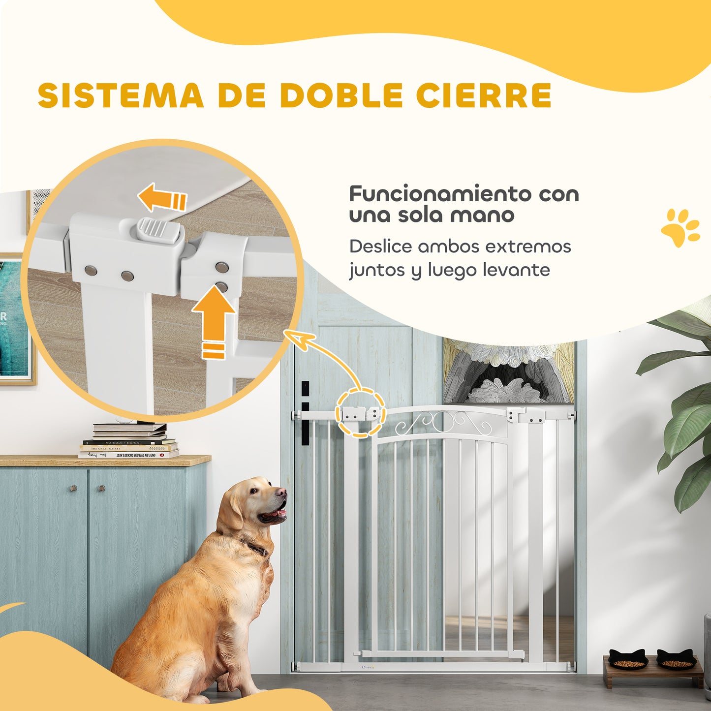 PawHut Barrera para Perros Puerta para Perros con Ancho Ajustable 76-104 cm Barrera de Seguridad para Perros con 2 Extensiones y Doble Bloqueo para Escaleras y Puertas Blanco