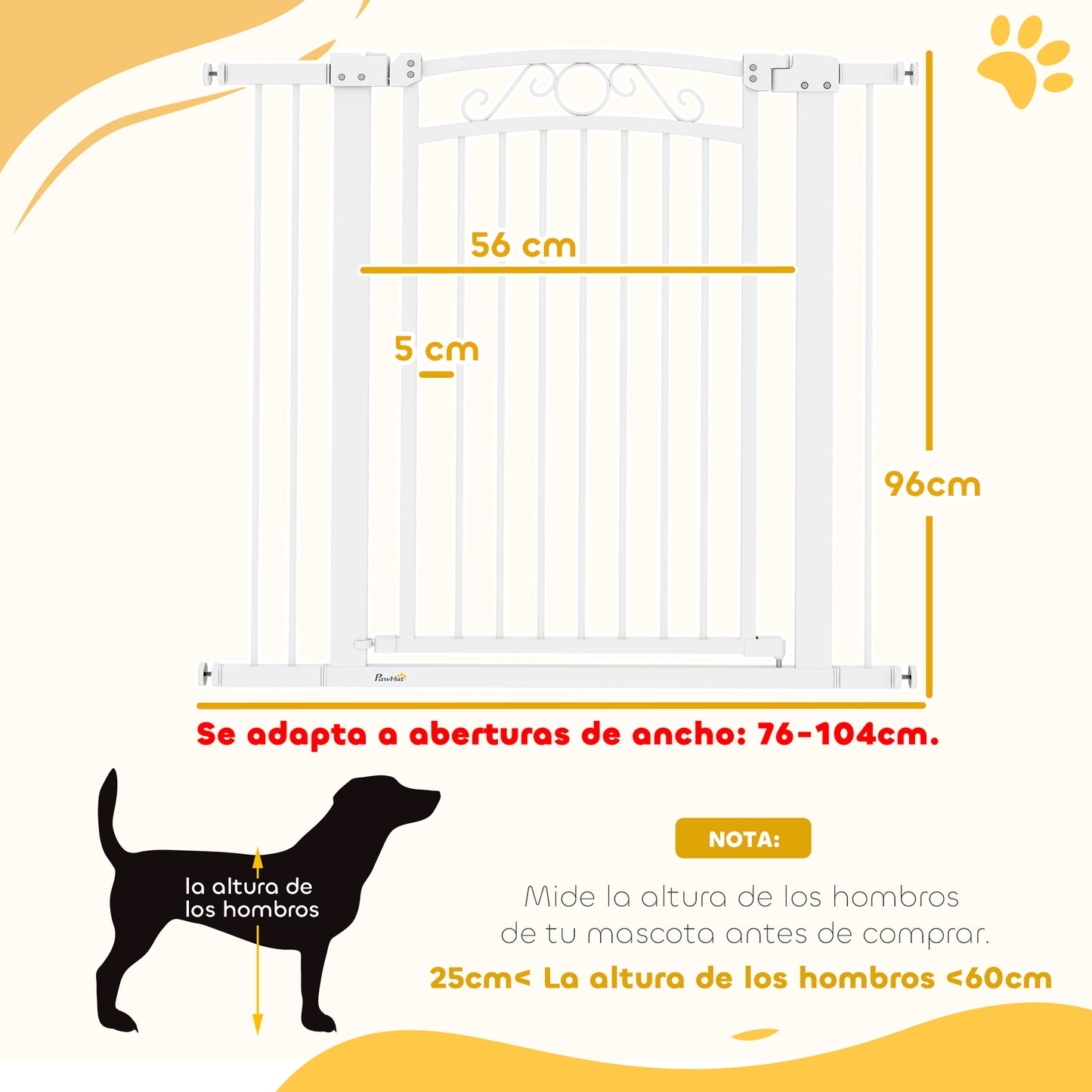 PawHut Barrera para Perros Puerta para Perros con Ancho Ajustable 76-104 cm Barrera de Seguridad para Perros con 2 Extensiones y Doble Bloqueo para Escaleras y Puertas Blanco