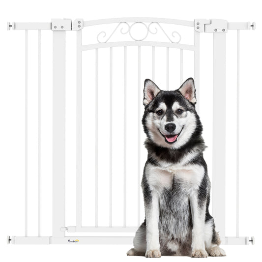 PawHut Barrera para Perros Puerta para Perros con Ancho Ajustable 76-104 cm Barrera de Seguridad para Perros con 2 Extensiones y Doble Bloqueo para Escaleras y Puertas Blanco