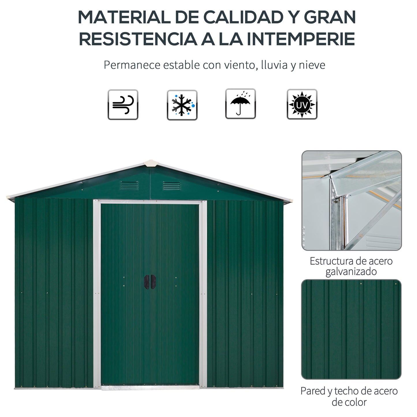 Outsunny Caseta de Jardín de 3,6 m² 236x174x190 cm Cobertizo Exterior de Metálico para Almacenar Herramientas con Puertas Correderas y 4 Ventanas para Terraza Patio Verde