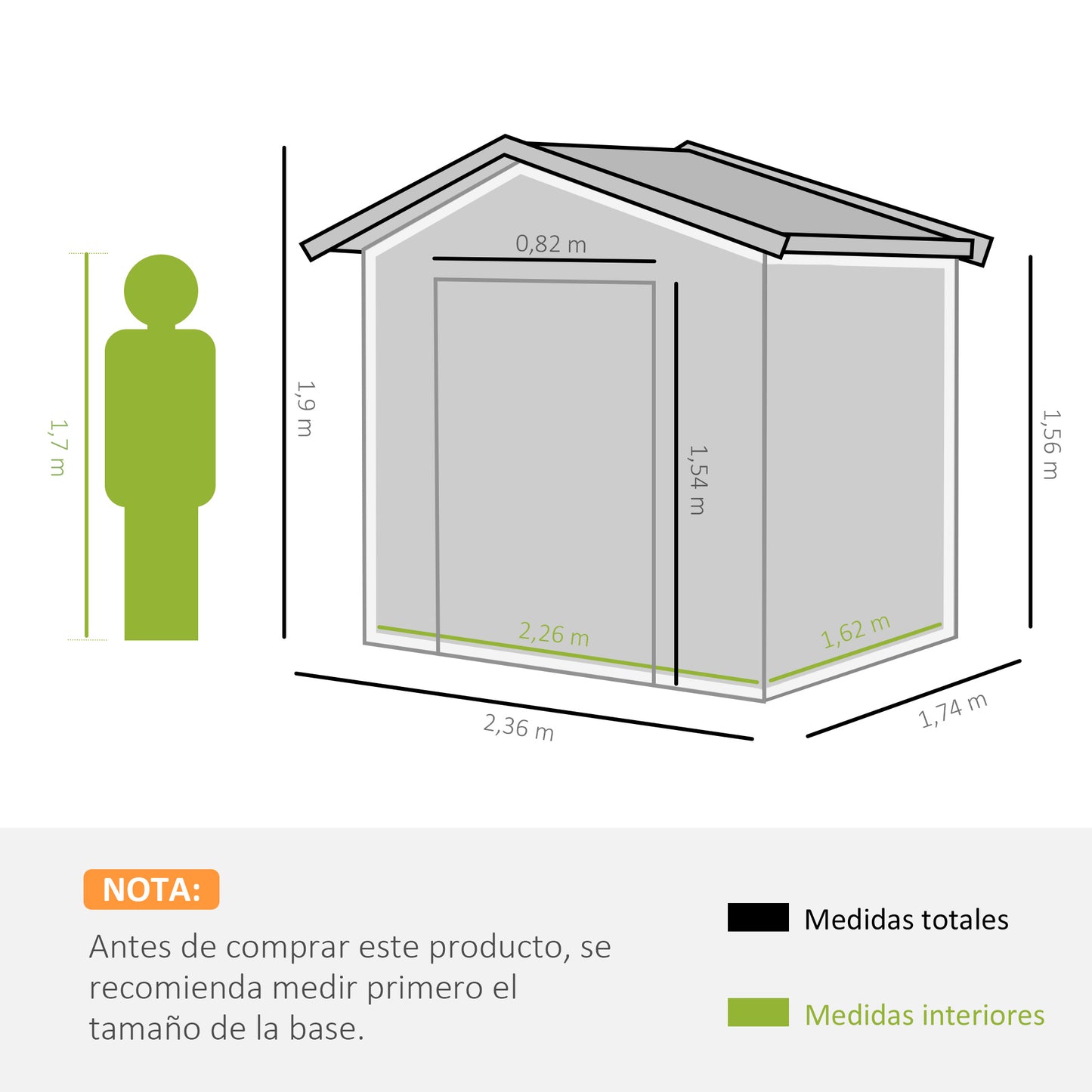 Outsunny Caseta de Jardín de 3,6 m² 236x174x190 cm Cobertizo Exterior de Metálico para Almacenar Herramientas con Puertas Correderas y 4 Ventanas para Terraza Patio Verde