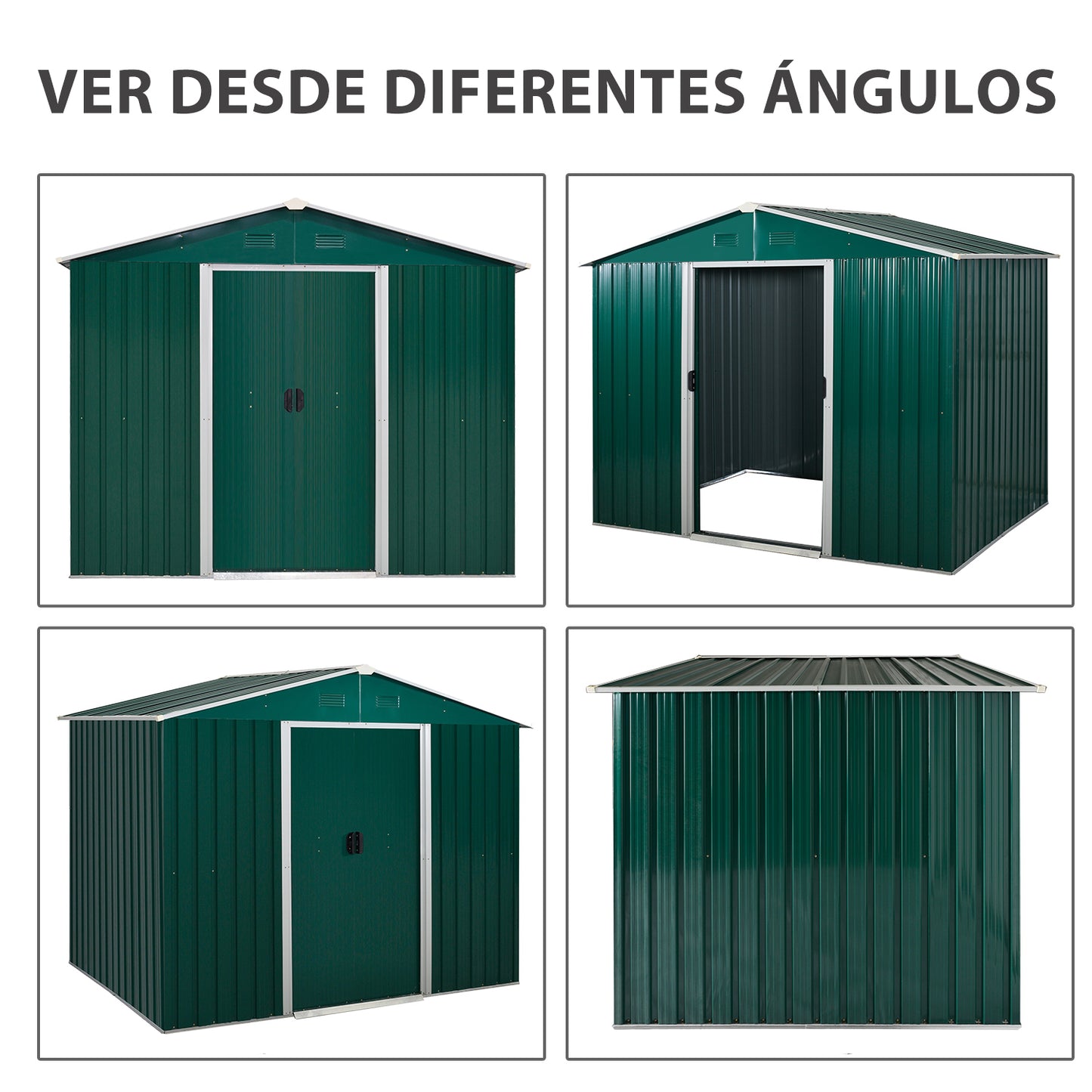 Outsunny Caseta de Jardín de 3,6 m² 236x174x190 cm Cobertizo Exterior de Metálico para Almacenar Herramientas con Puertas Correderas y 4 Ventanas para Terraza Patio Verde