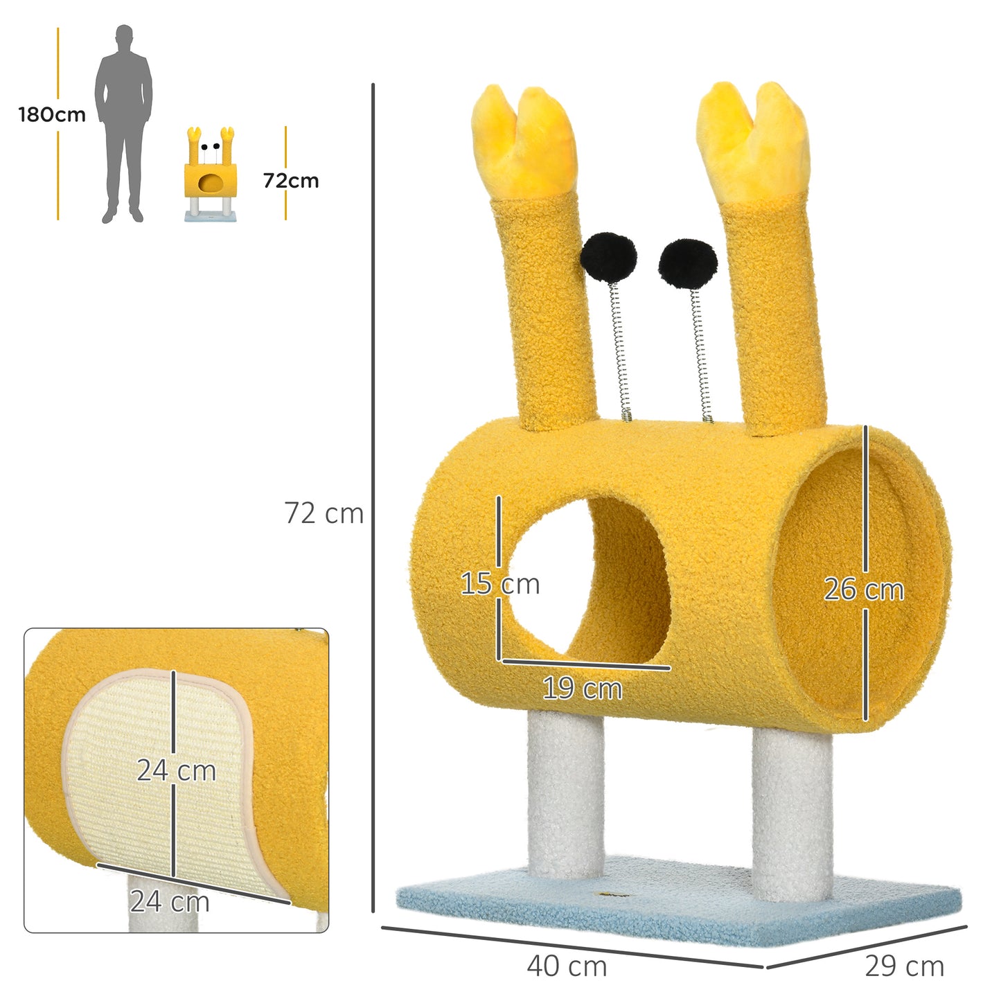 PawHut Árbol Rascador para Gatos Túnel para Gatos Altura 72 cm Postes con Forma de Cangrejo Torre para Gatos con Orificio y Bolas Divertidas 40x29x72 cm Amarillo