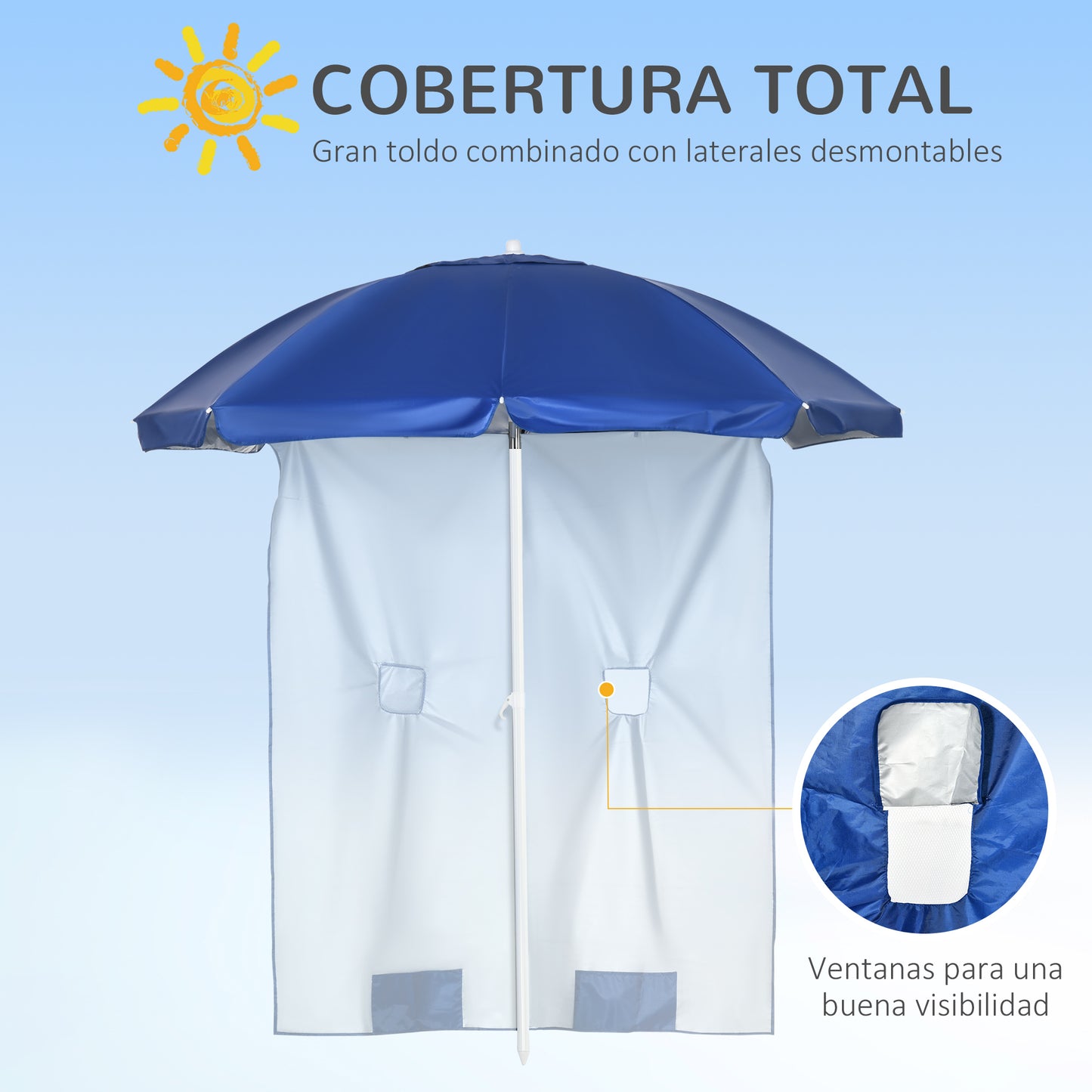 Outsunny Sombrilla de Playa con Panel Lateral Ø191x211 cm Parasol para Terraza con Manivela Manual Techo Inclinable 2 Bolsillos y 2 Ventanas para Jardín Piscina Azul