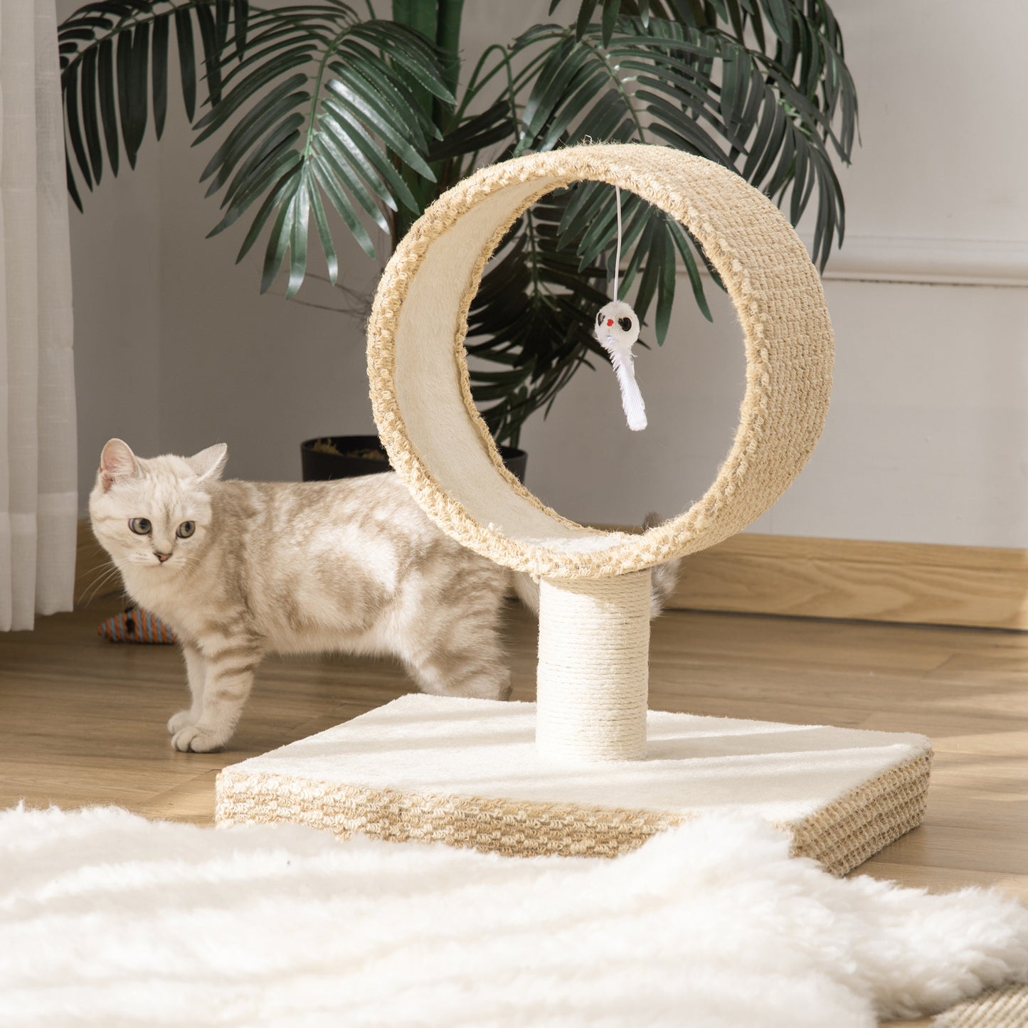 PawHut Árbol para Gatos Pequeño 61x41x50 cm Torre de Rascado de Gato con Túnel Superior Poste Rascador de Yute Natural y Juguete de Rata Colgante Beige