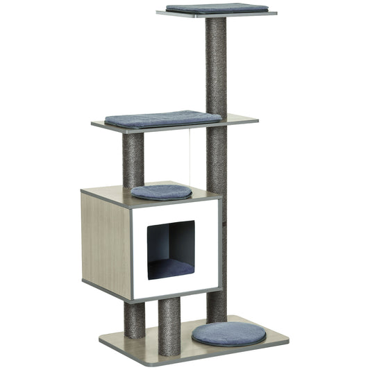 PawHut Árbol Rascador para Gatos de Madera 71,5x49,5x120 cm Torre de Gato con Cueva Plataformas Postes Rascadores de Sisal Cojines de Felpa Suave y Bolas Colgantes Gris