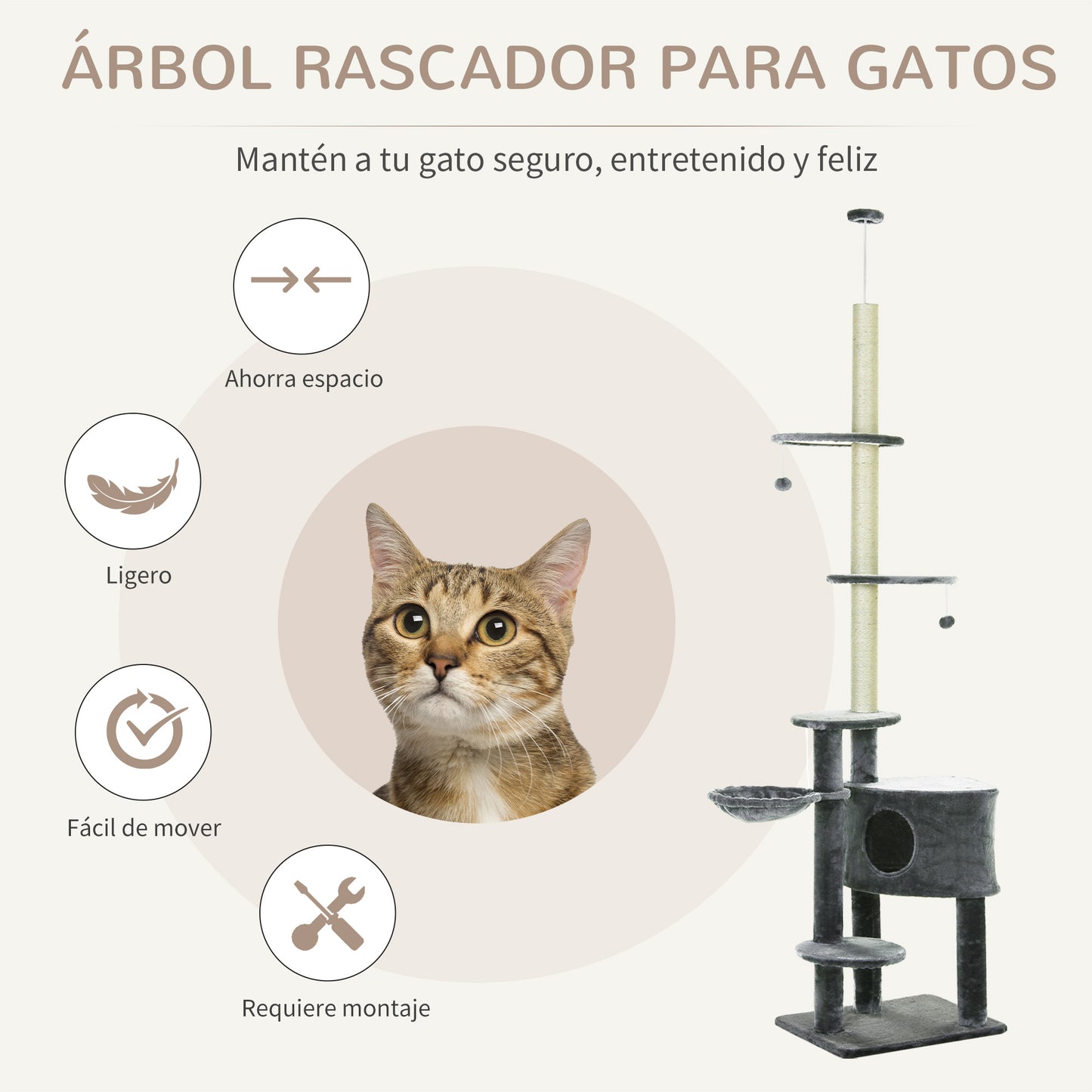 PawHut Árbol Rascador para Gatos de 220-265 cm Altura Ajustable al Techo con Plataformas Bolas de Juego Poste de Sisal Natural Gris Oscuro