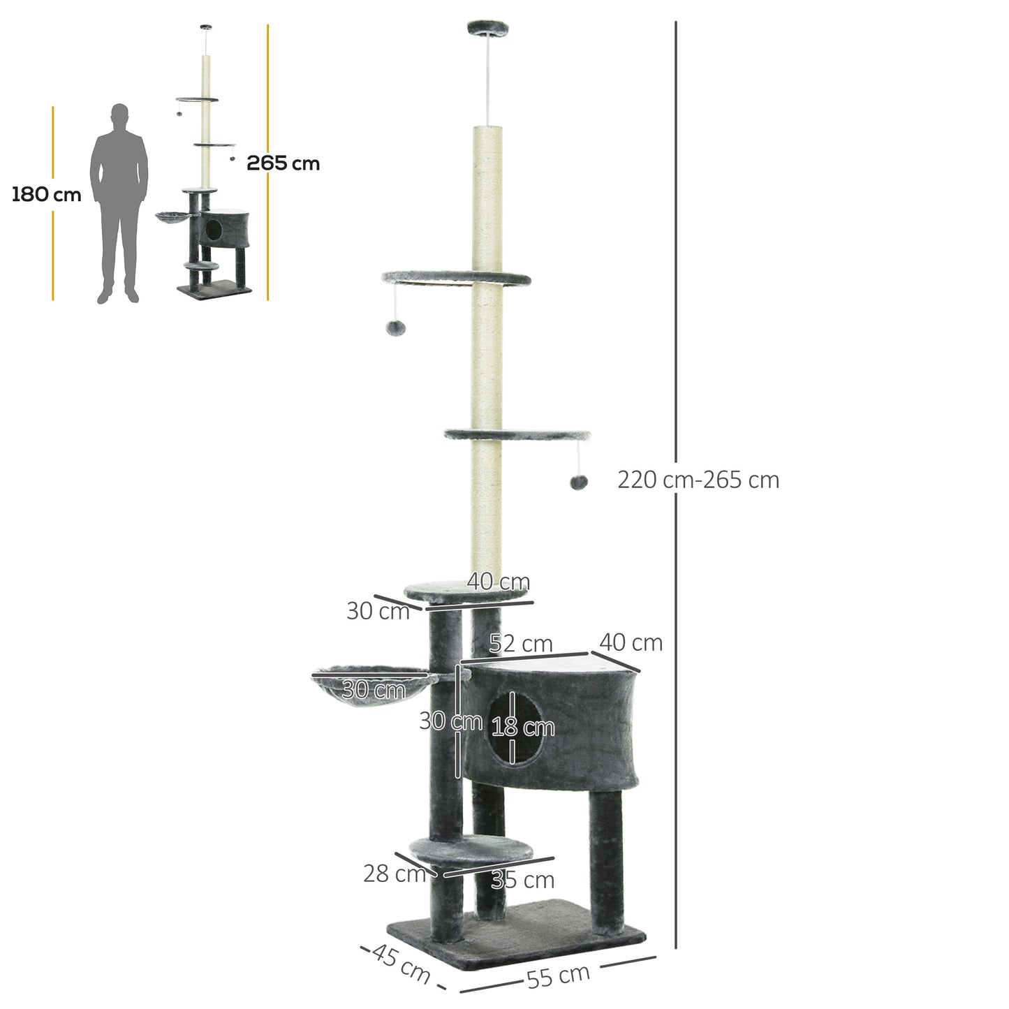 PawHut Árbol Rascador para Gatos de 220-265 cm Altura Ajustable al Techo con Plataformas Bolas de Juego Poste de Sisal Natural Gris Oscuro