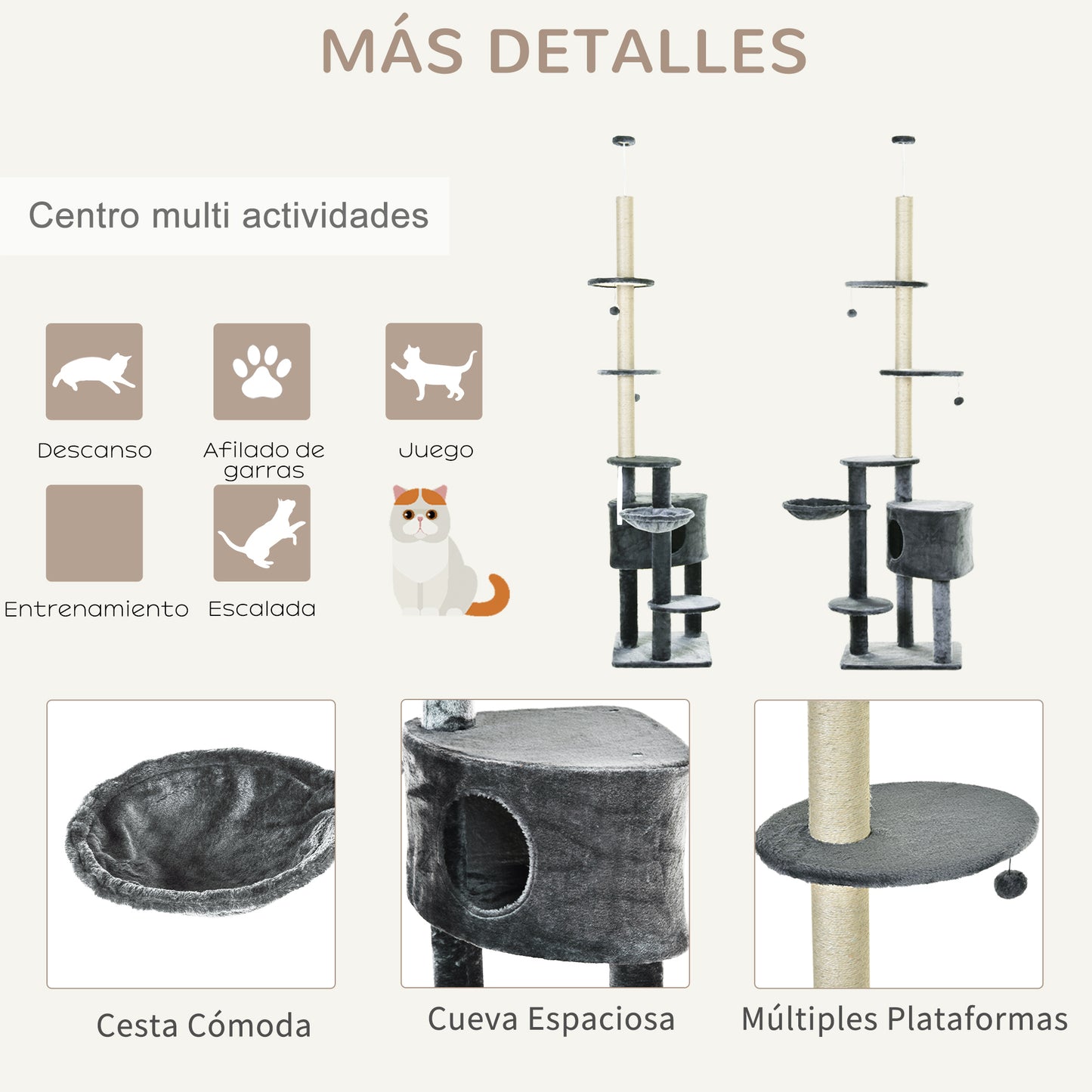 PawHut Árbol Rascador para Gatos de 220-265 cm Altura Ajustable al Techo con Plataformas Bolas de Juego Poste de Sisal Natural Gris Oscuro