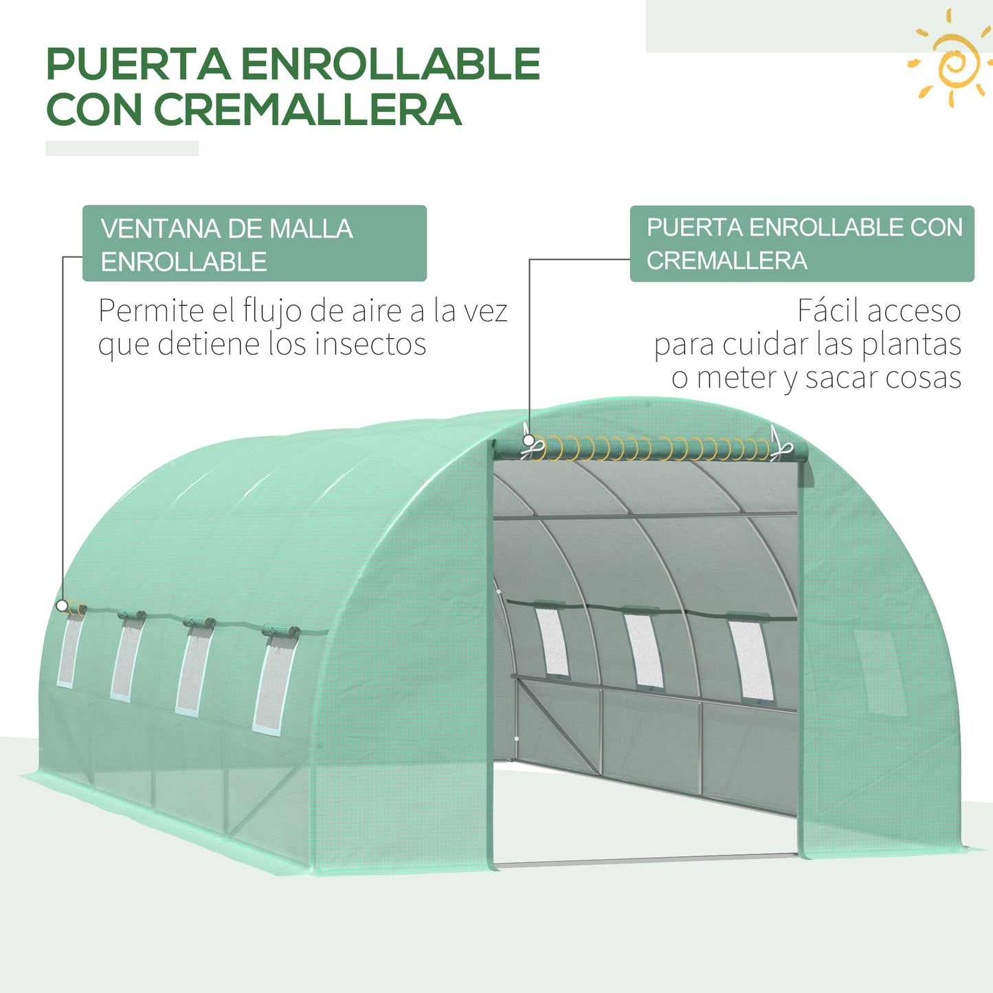 Outsunny Invernadero de Túnel 600x300x200 cm Invernadero de Jardín con Puerta Enrollable 8 Ventanas Cubierta PE 140g/m² y Tubo de Acero para Cultivos Plantas Verduras Verde