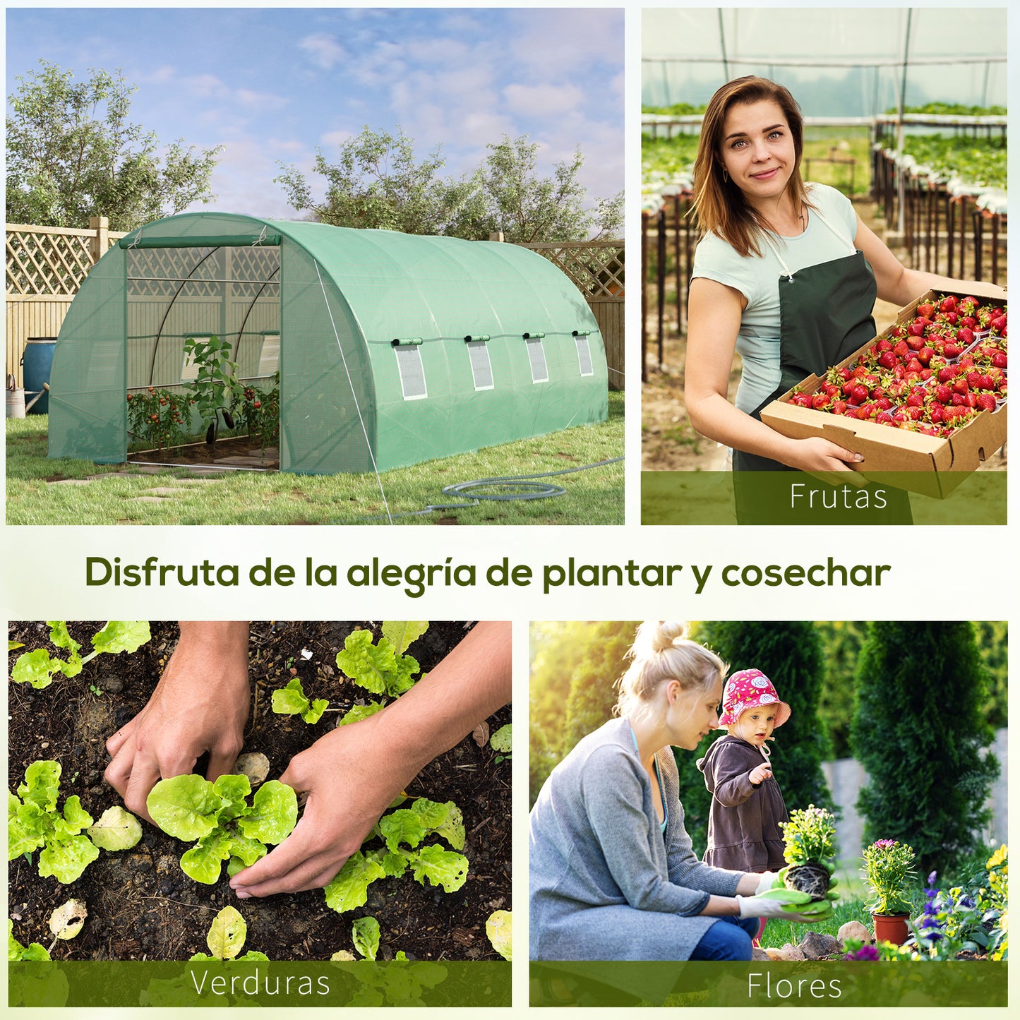 Outsunny Invernadero de Túnel 600x300x200 cm Invernadero de Jardín con Puerta Enrollable 8 Ventanas Cubierta PE 140g/m² y Tubo de Acero para Cultivos Plantas Verduras Verde