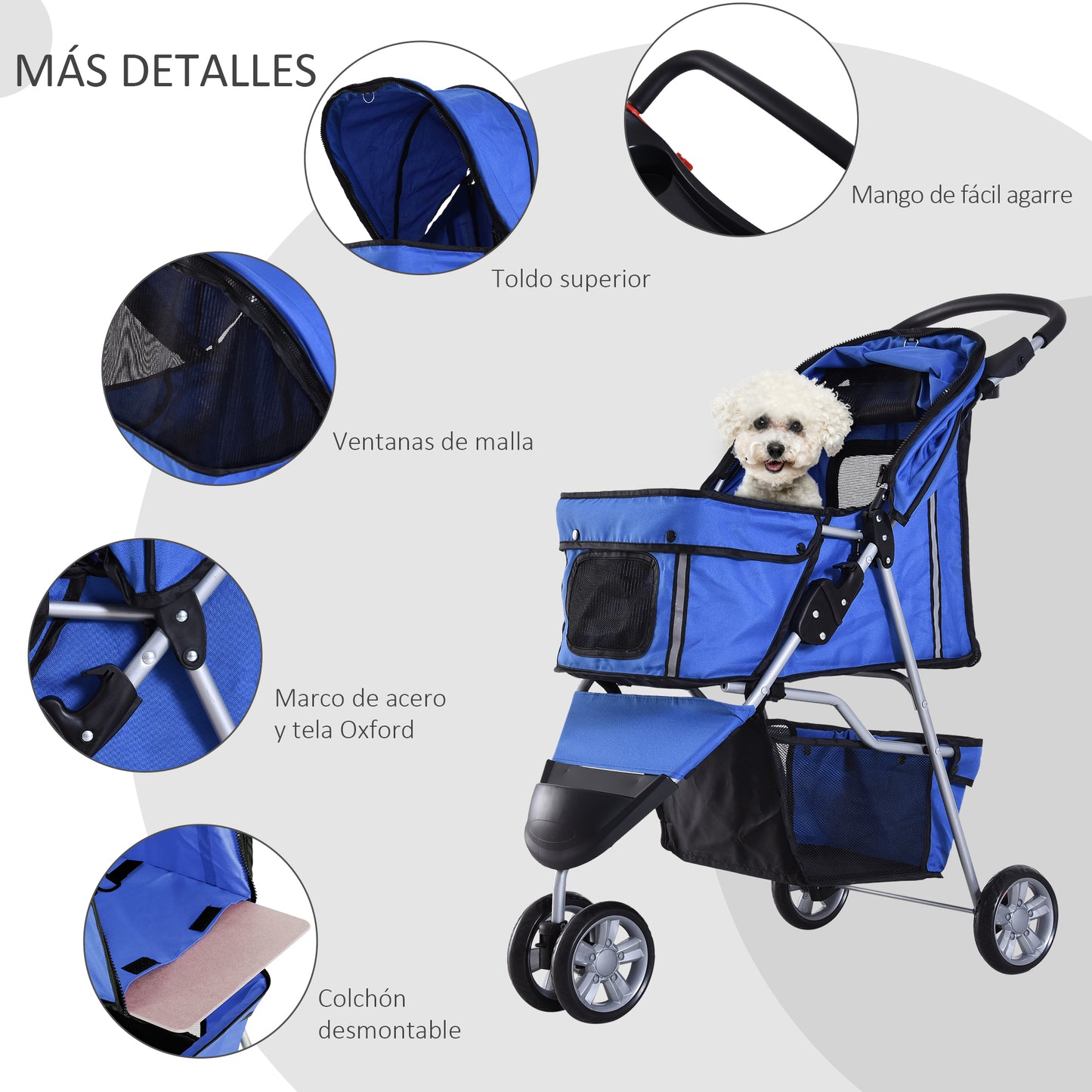 PawHut Carrito para Perros Plegable Cochecito para Mascotas Carrito para Perros Pequeños con Cesta de Almacenaje Ventanas de Malla y 2 Ruedas Universales 75x45x97 cm Azul